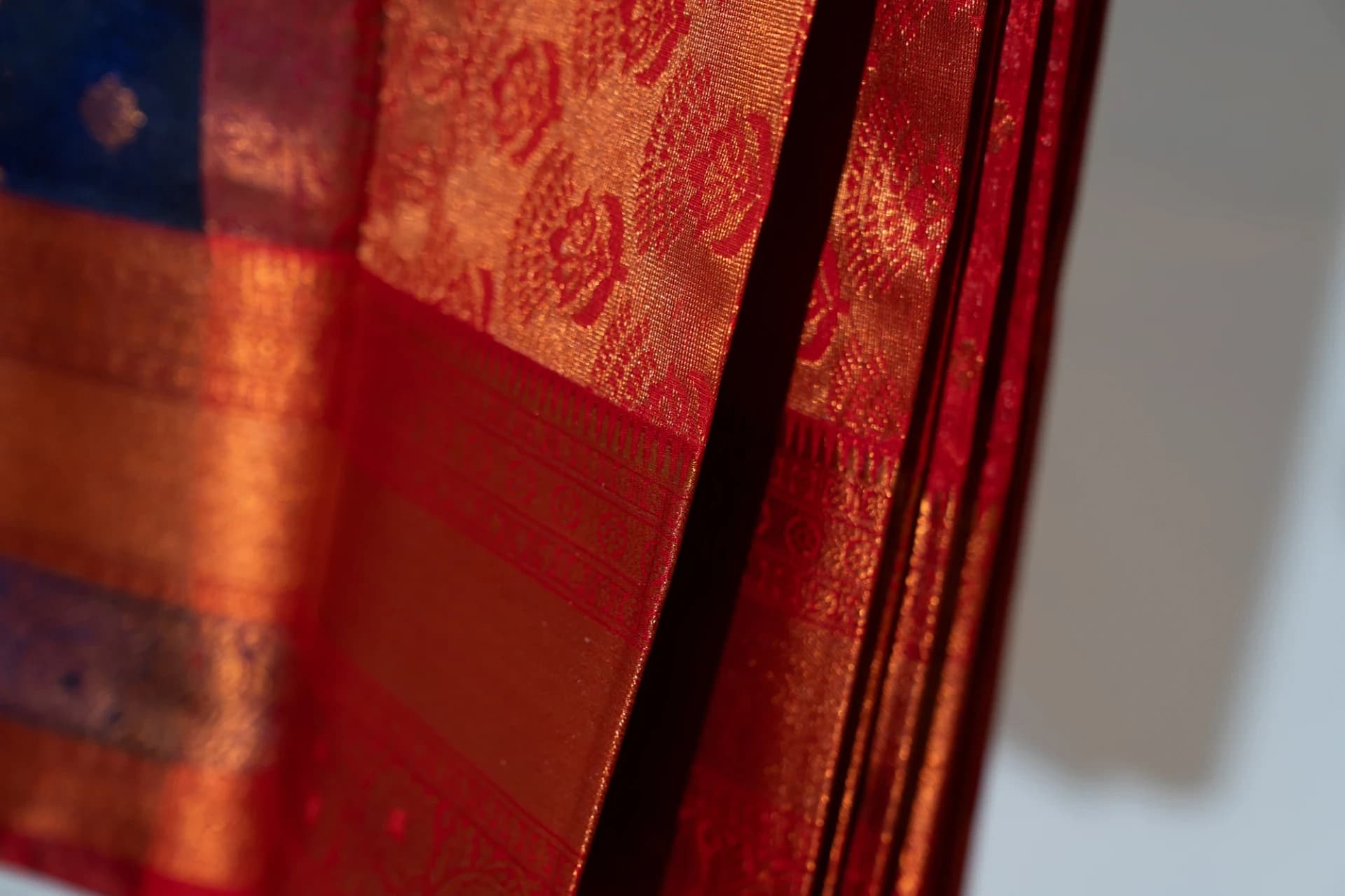 Dark Blue Saree with Copper Work & Contrast Red Pallu