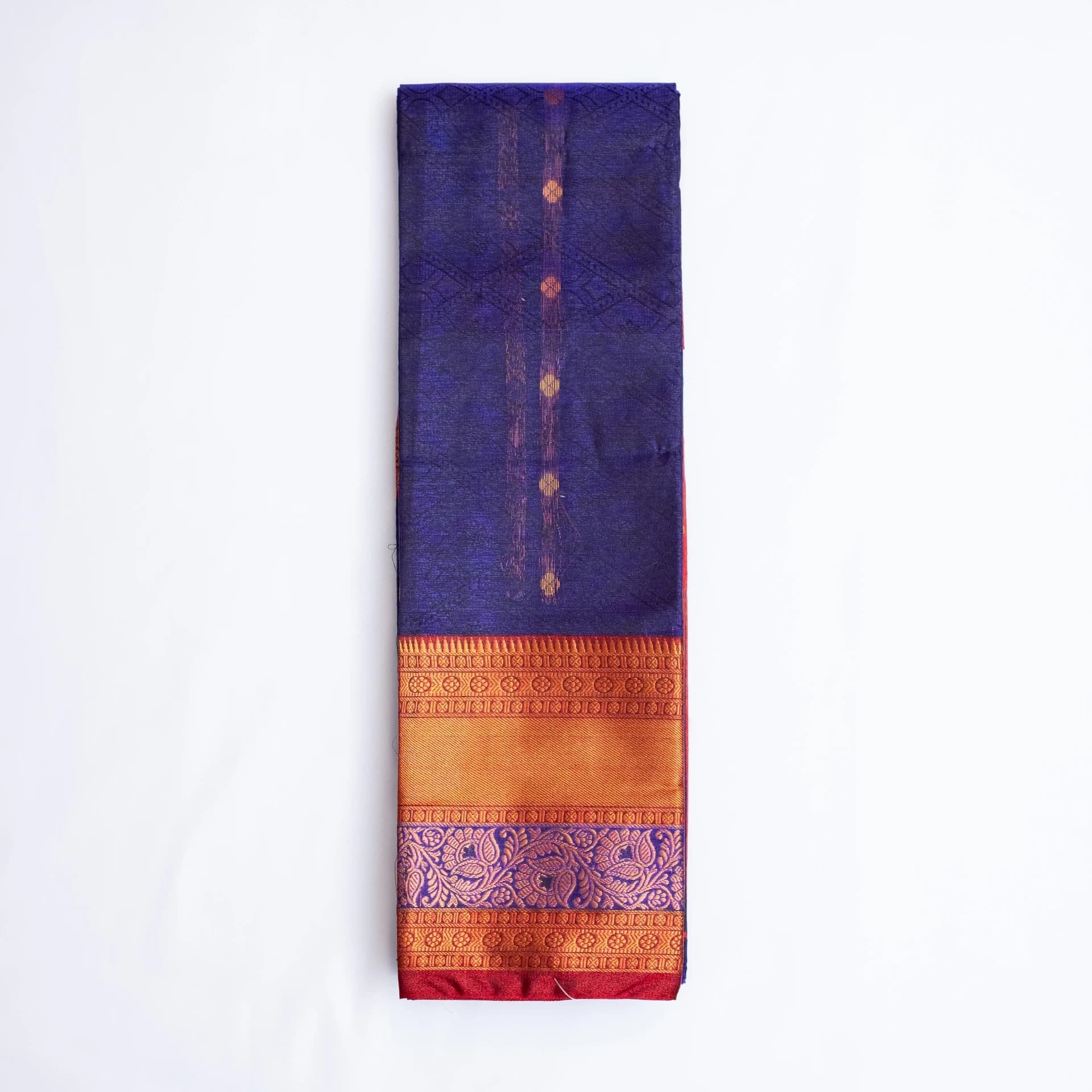 Dark Blue Saree with Copper Work & Contrast Red Pallu