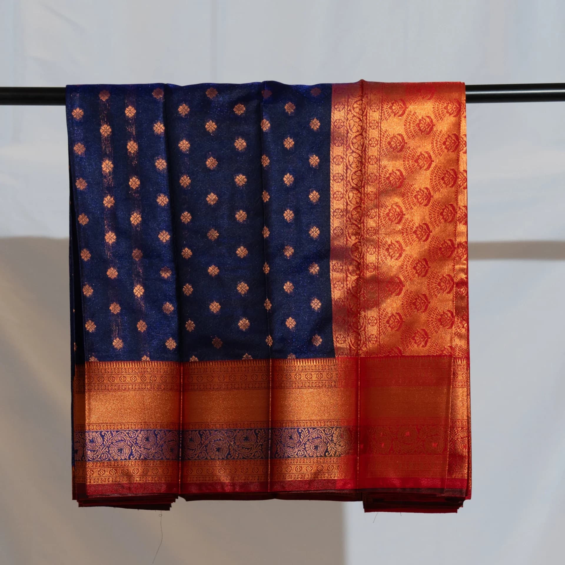 Dark Blue Saree with Copper Work & Contrast Red Pallu