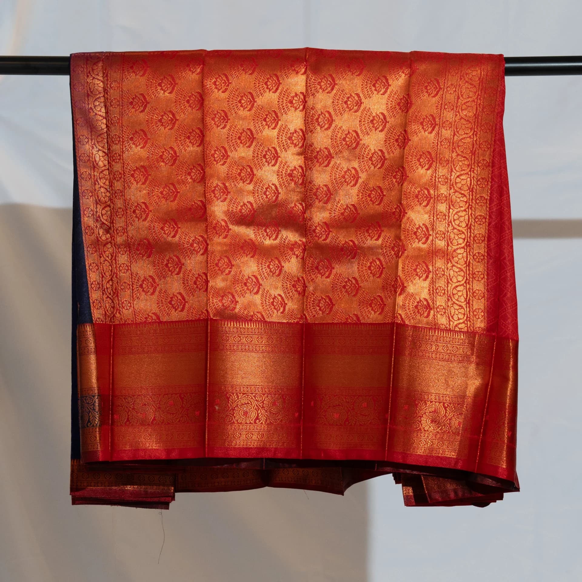Dark Blue Saree with Copper Work & Contrast Red Pallu