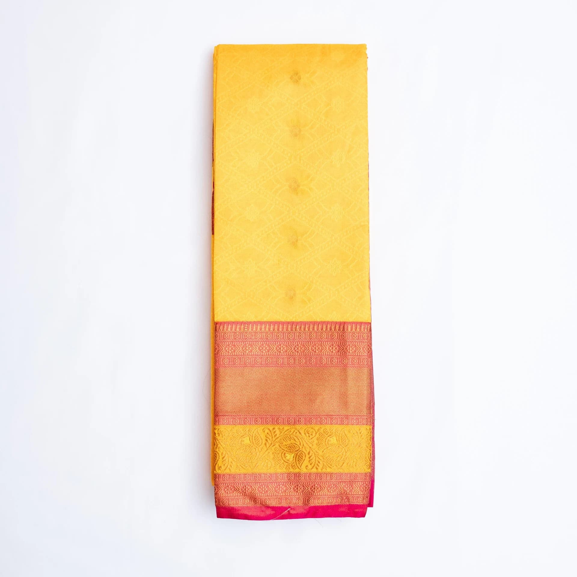 Yellow Saree with Copper Work & Contrast Pink Pallu