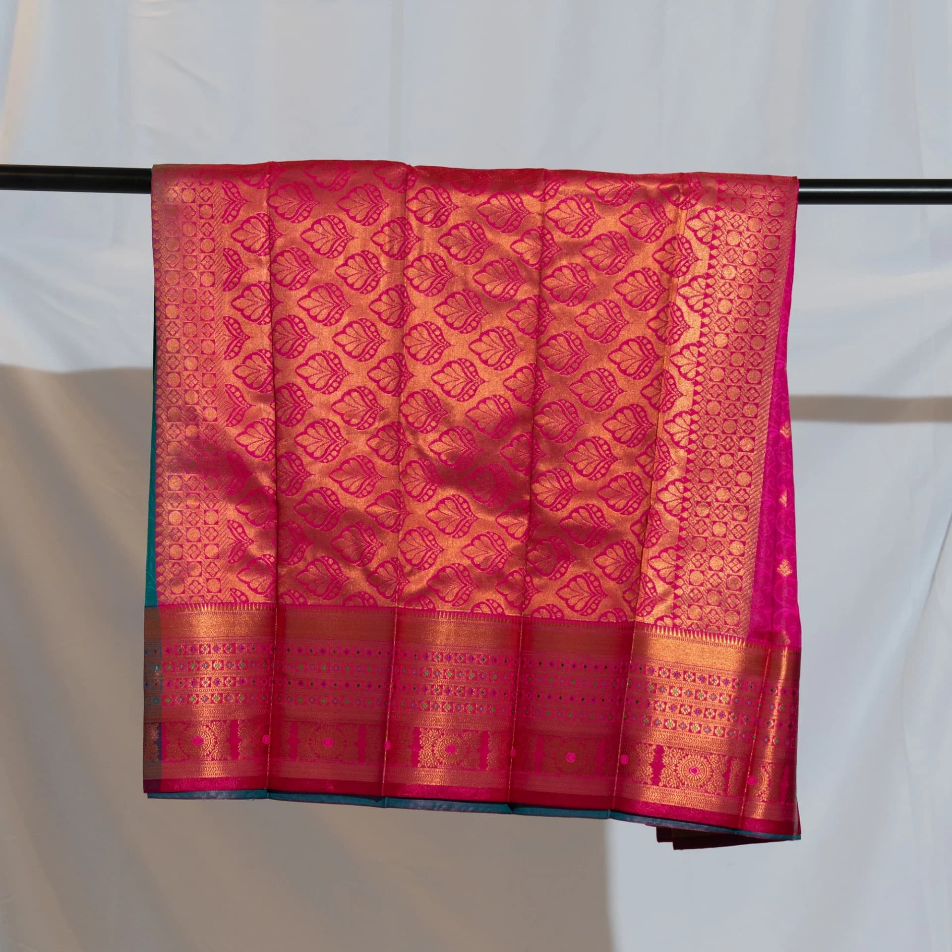 Teal Green Saree with Copper Work & Contrast Pink Pallu