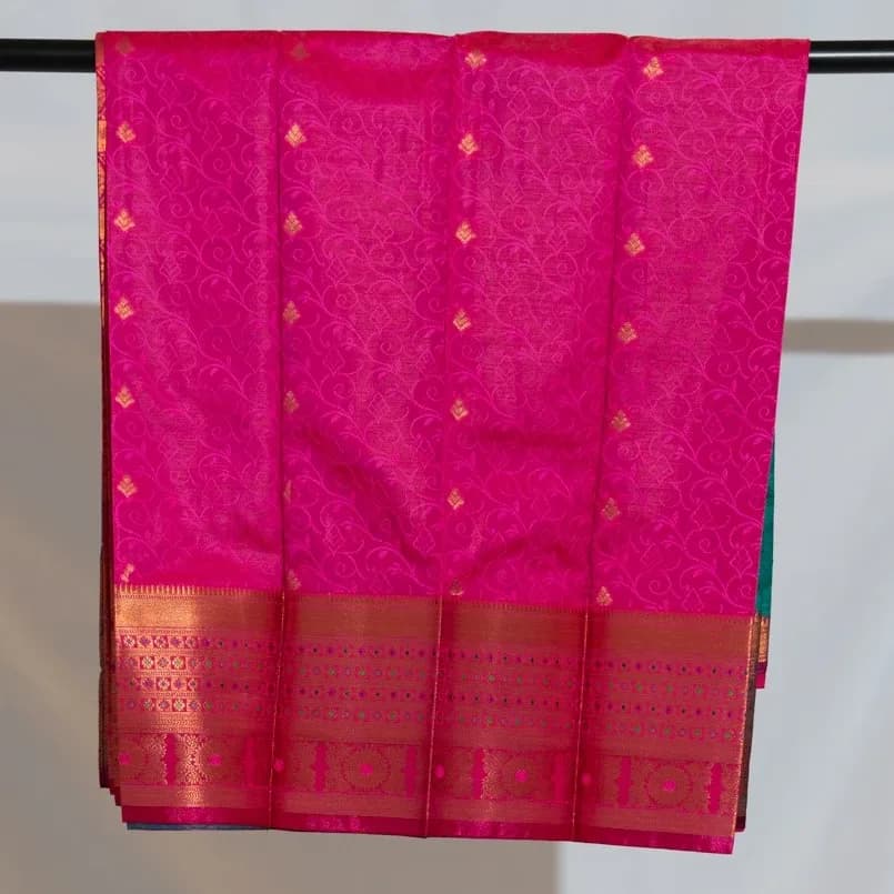 Teal Green Saree with Copper Work & Contrast Pink Pallu