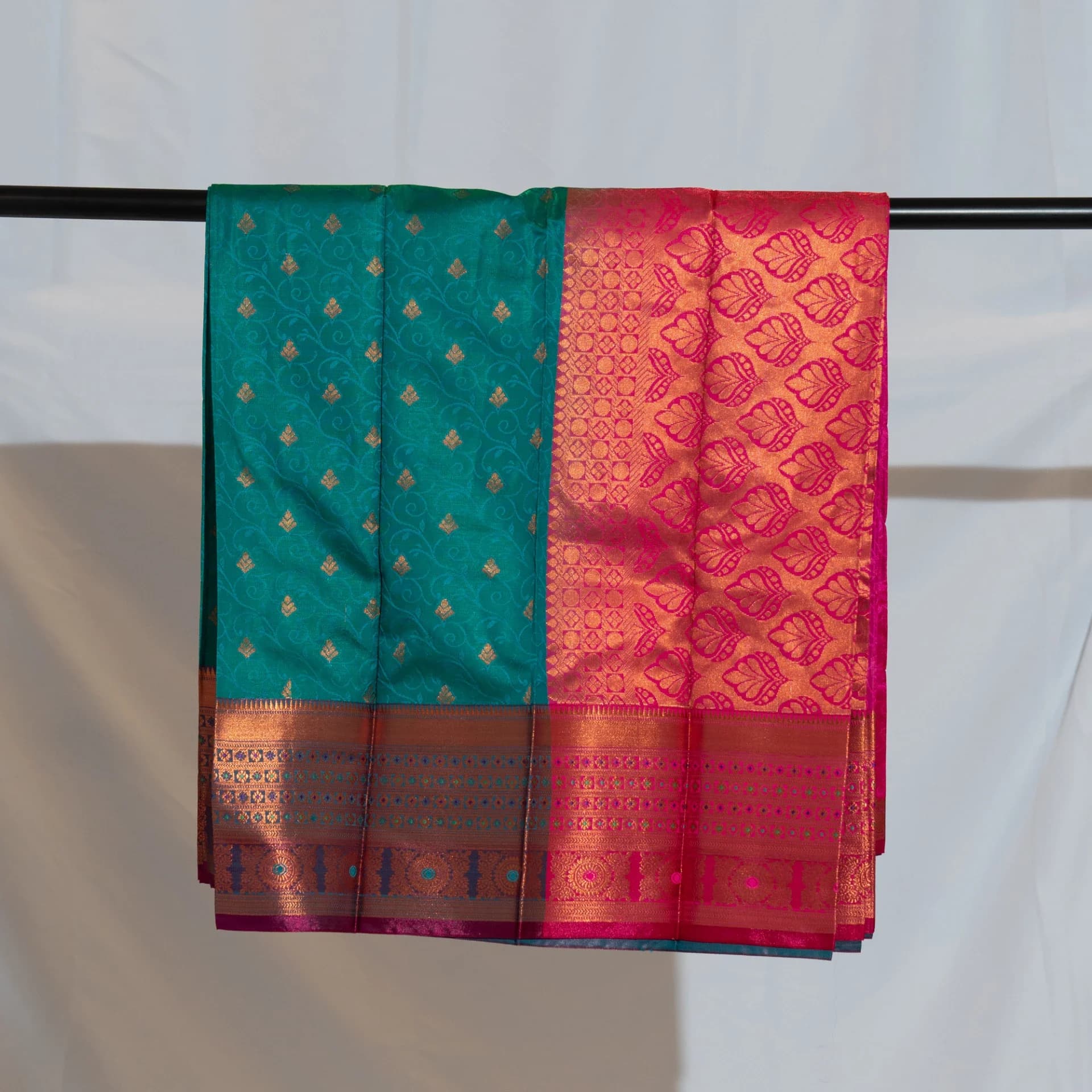 Teal Green Saree with Copper Work & Contrast Pink Pallu