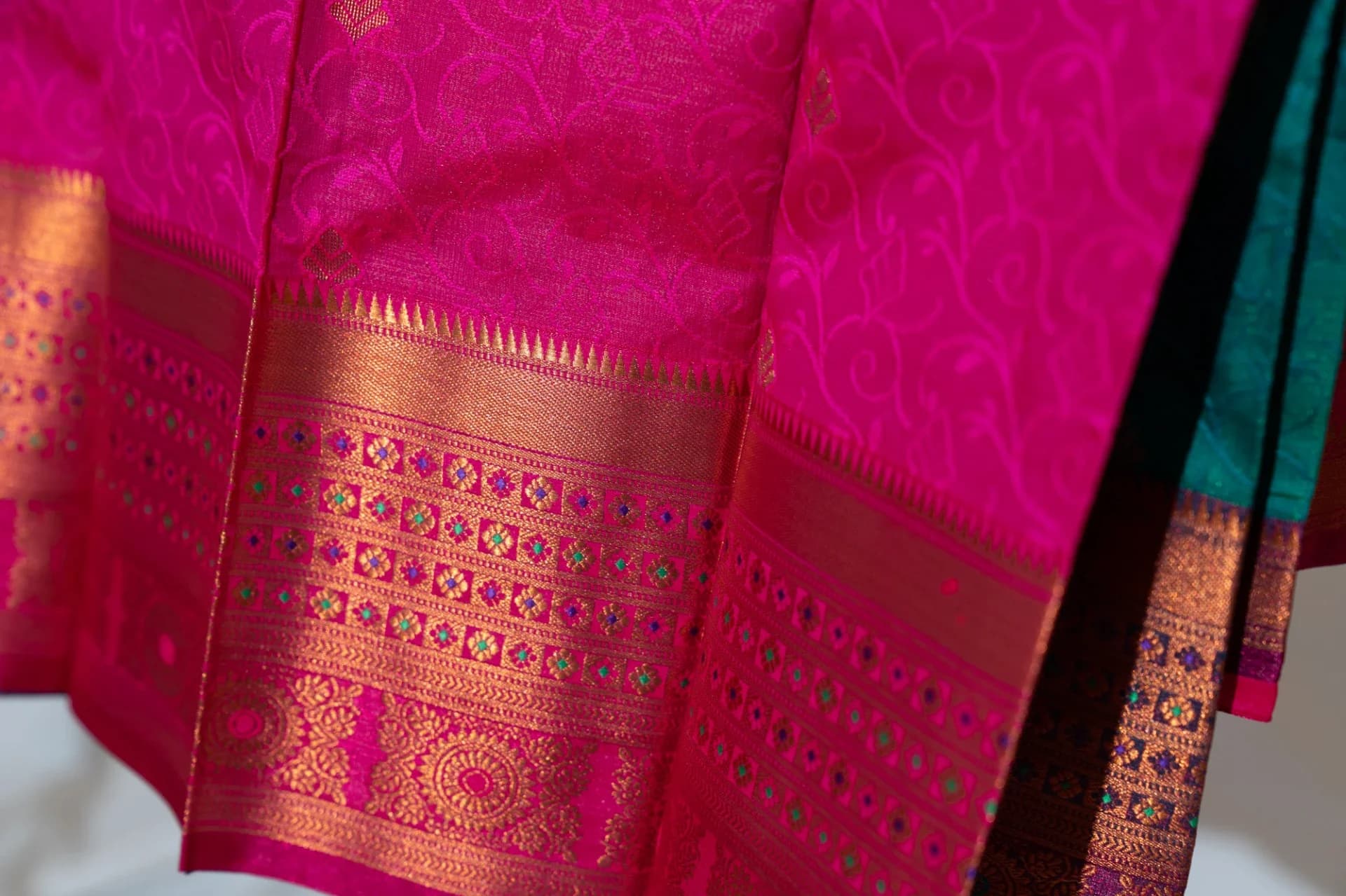 Teal Green Saree with Copper Work & Contrast Pink Pallu
