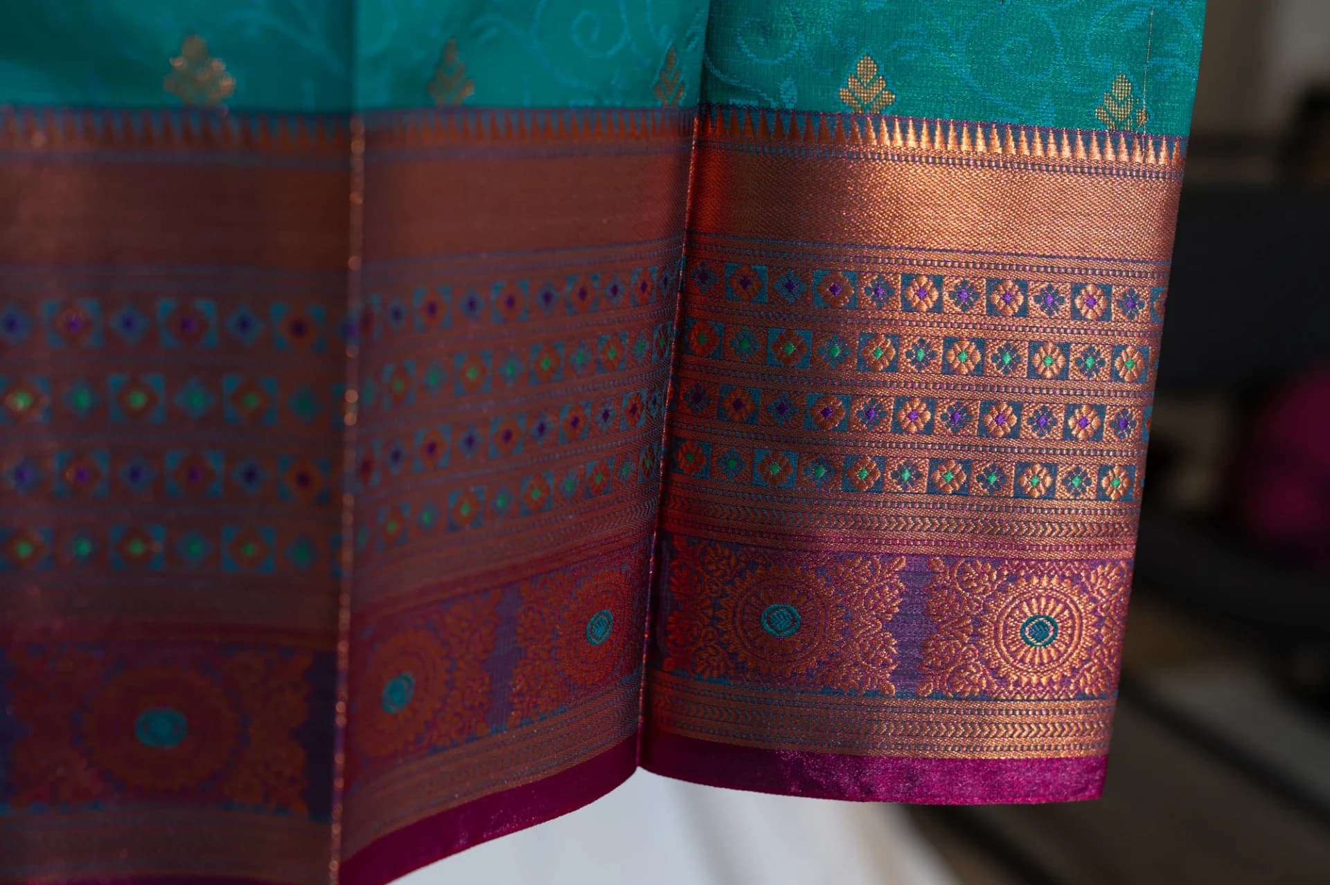 Teal Green Saree with Copper Work & Contrast Pink Pallu