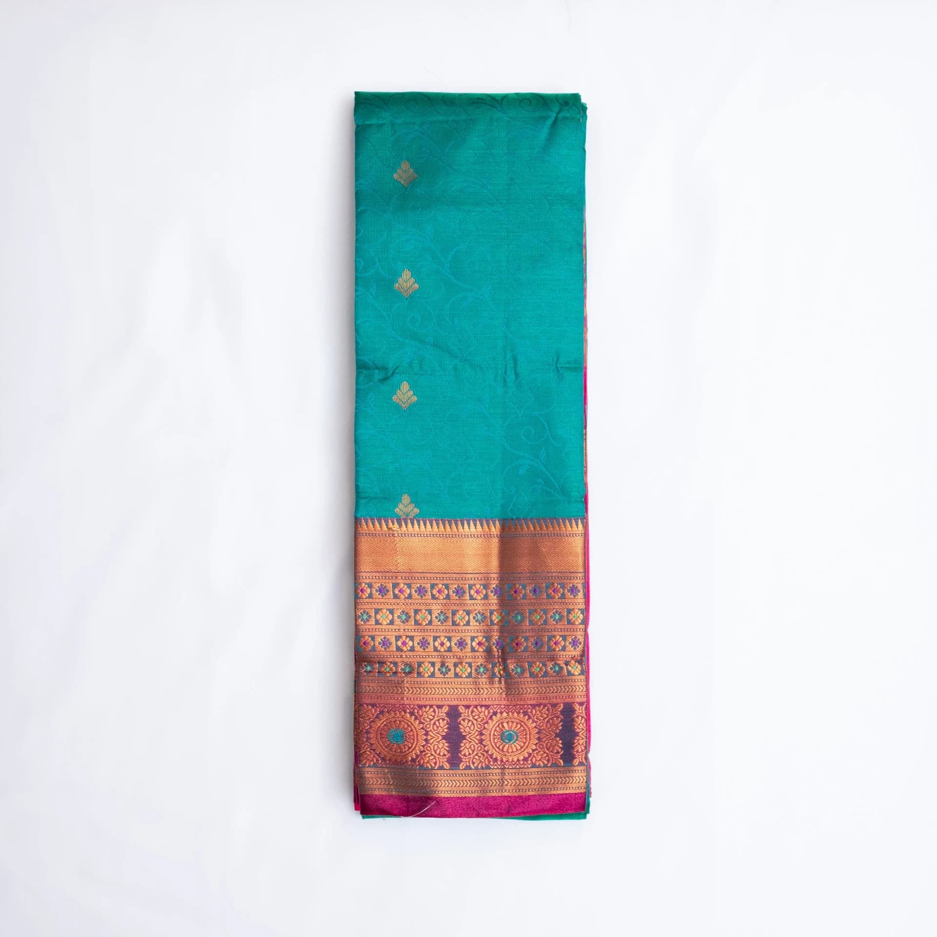 Teal Green Saree with Copper Work & Contrast Pink Pallu