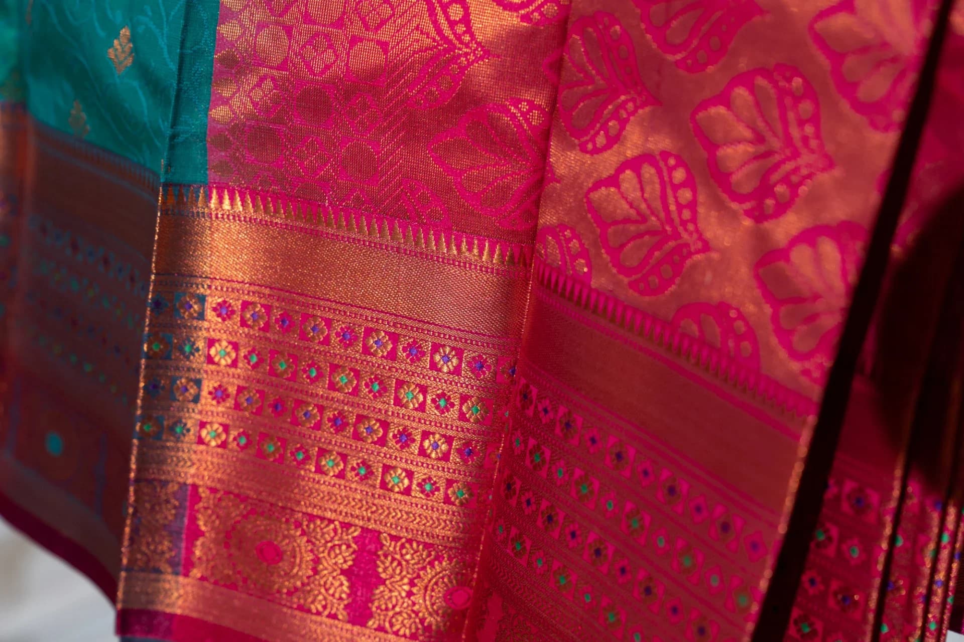 Teal Green Saree with Copper Work & Contrast Pink Pallu
