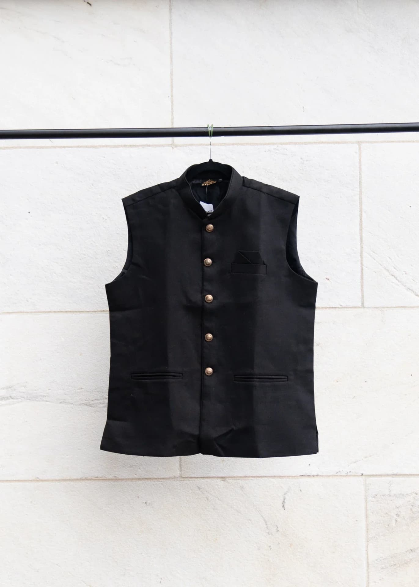 Black Nehru Jacket (Vest) with Gold Buttons & Pocket Details