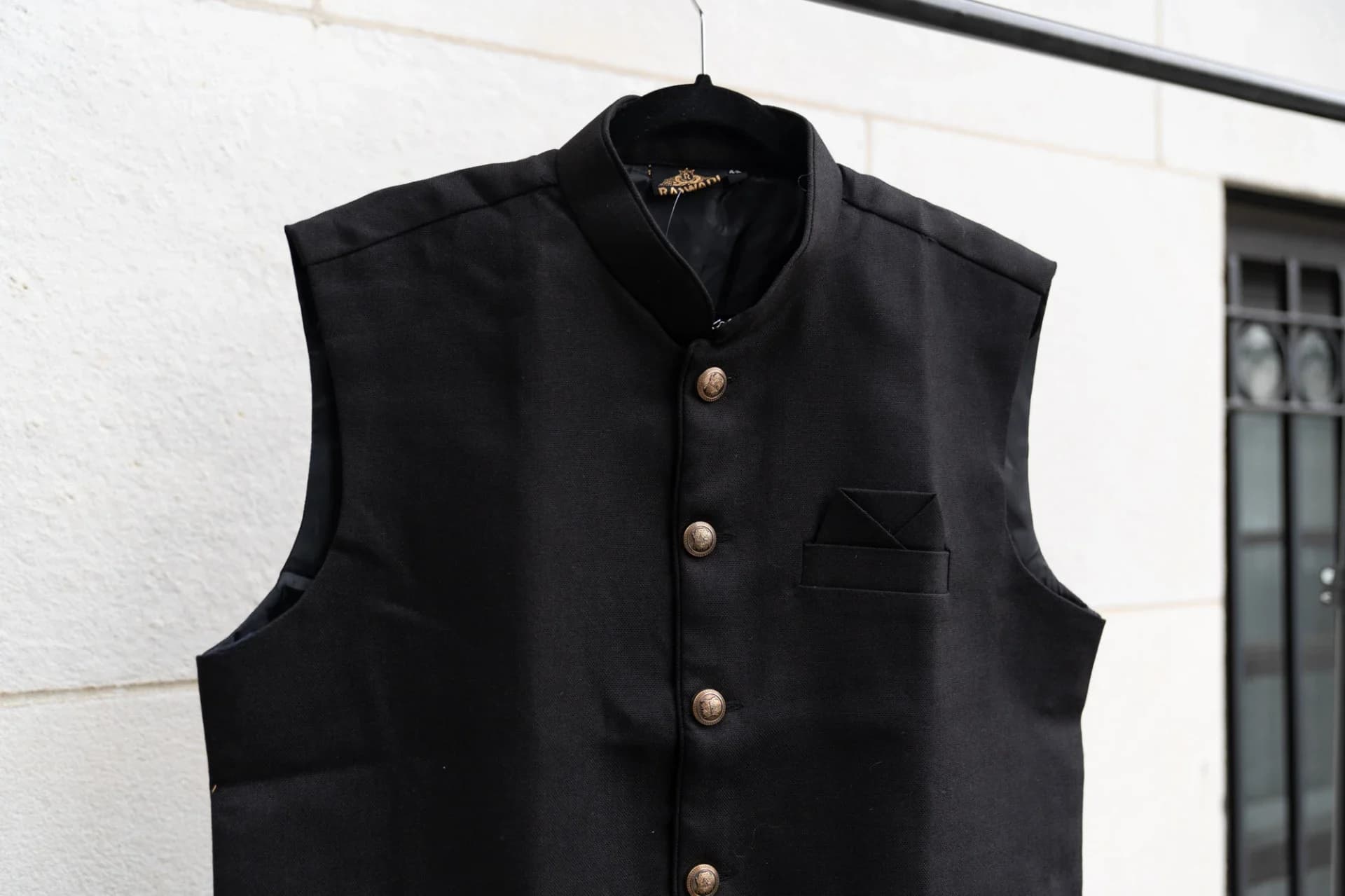 Black Nehru Jacket (Vest) with Gold Buttons & Pocket Details