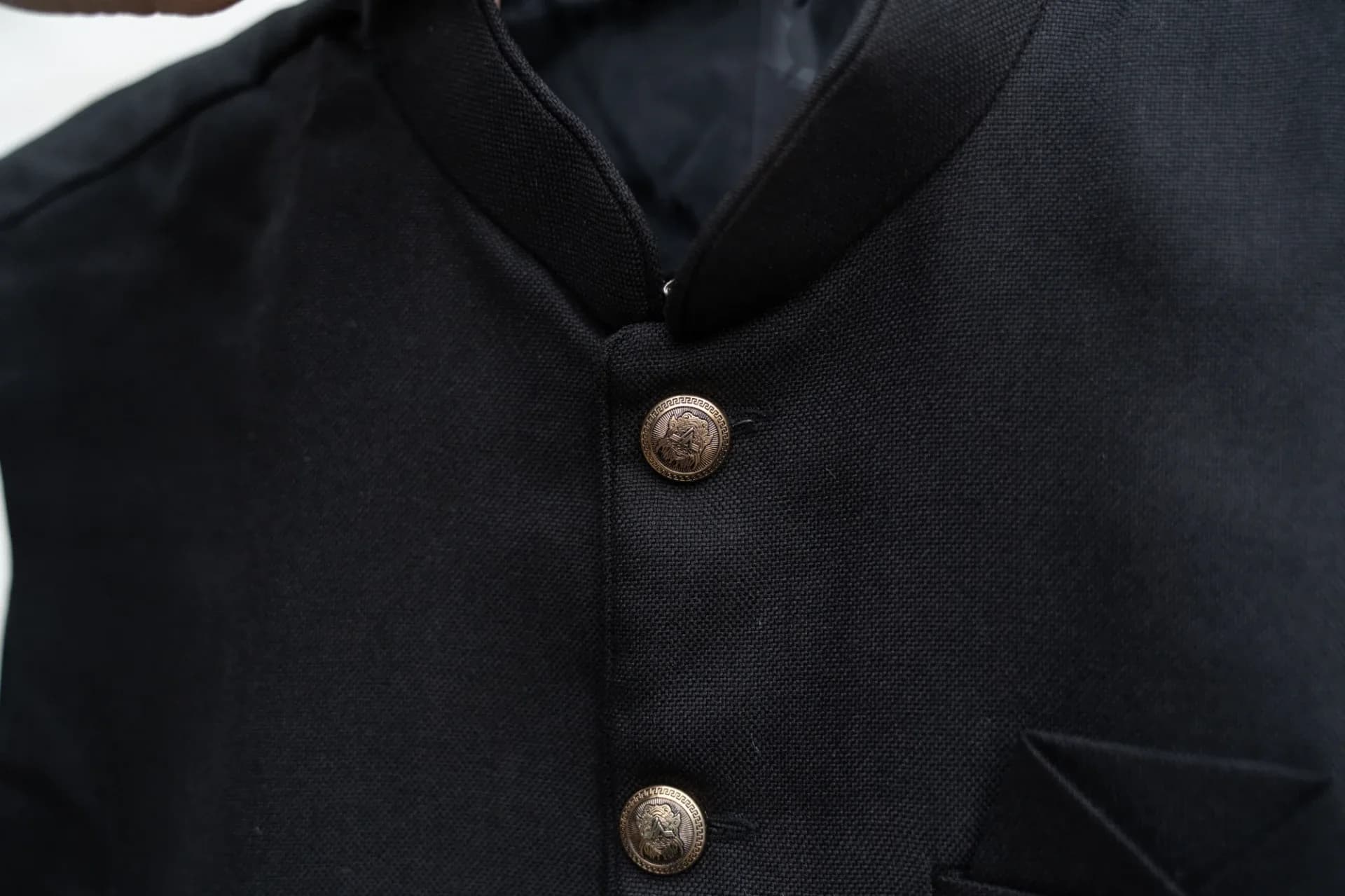 Black Nehru Jacket (Vest) with Gold Buttons & Pocket Details
