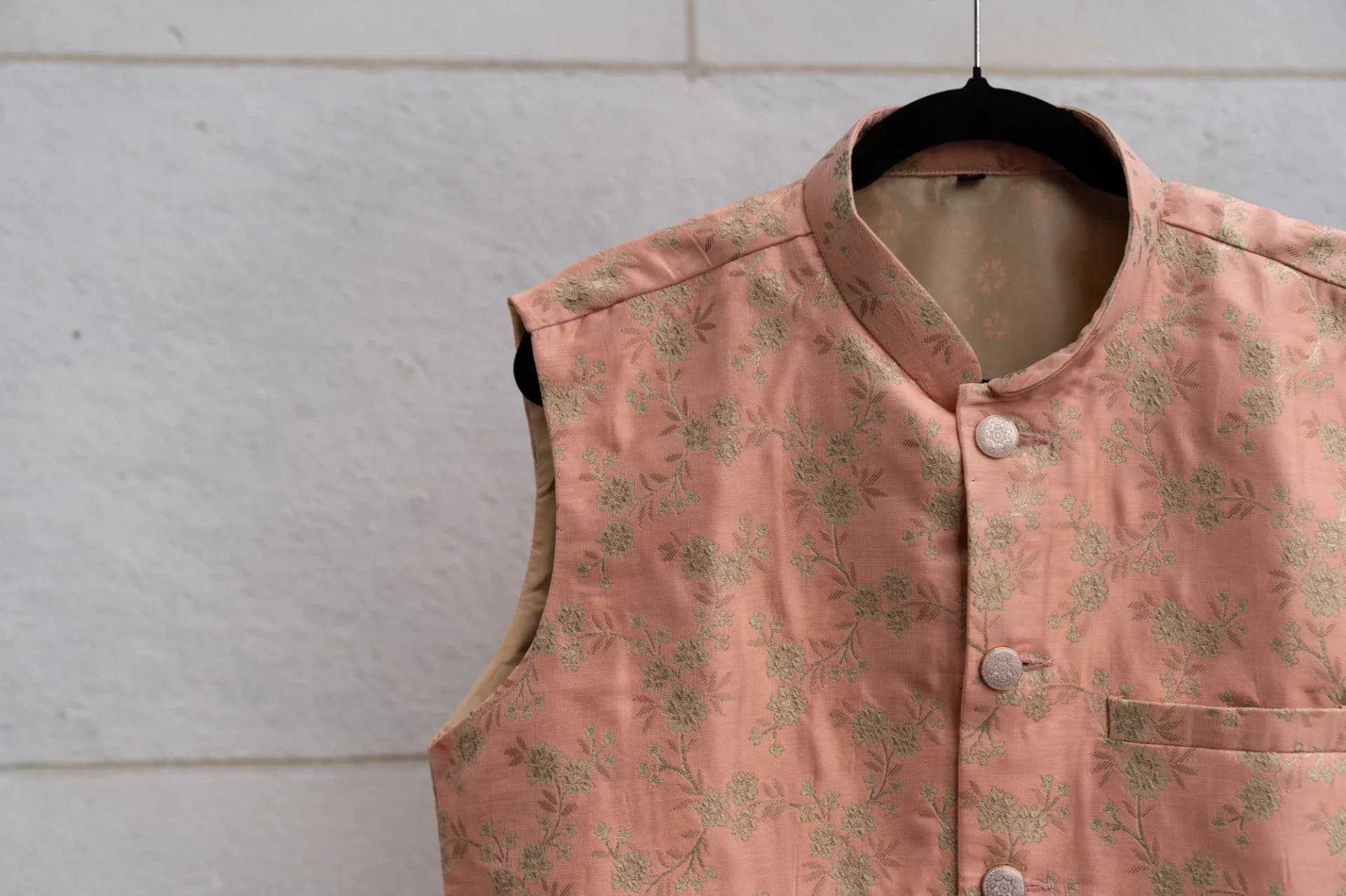 Pink Nehru Jacket (Vest) with Floral Embroidery & Pocket Details
