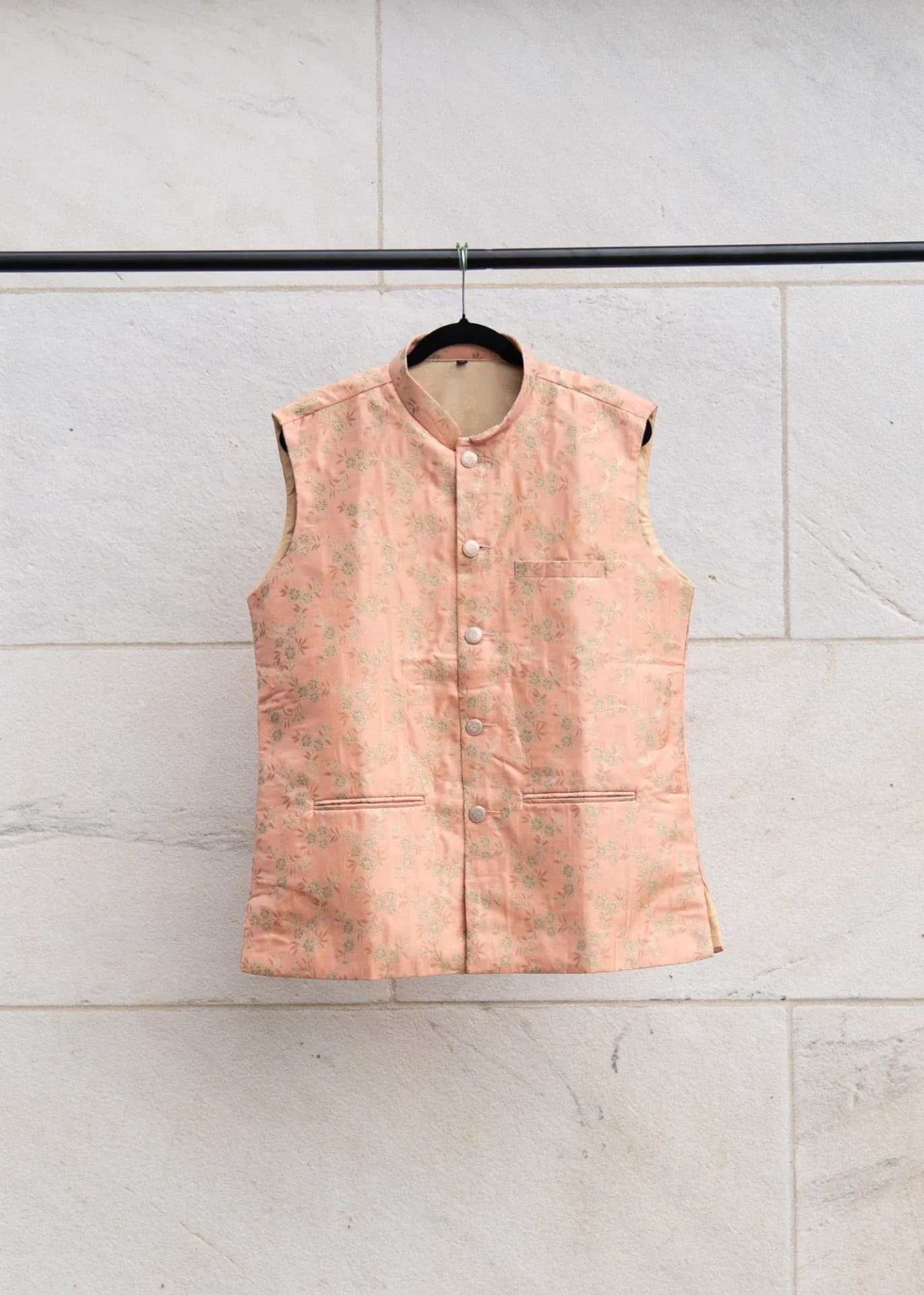 Pink Nehru Jacket (Vest) with Floral Embroidery & Pocket Details