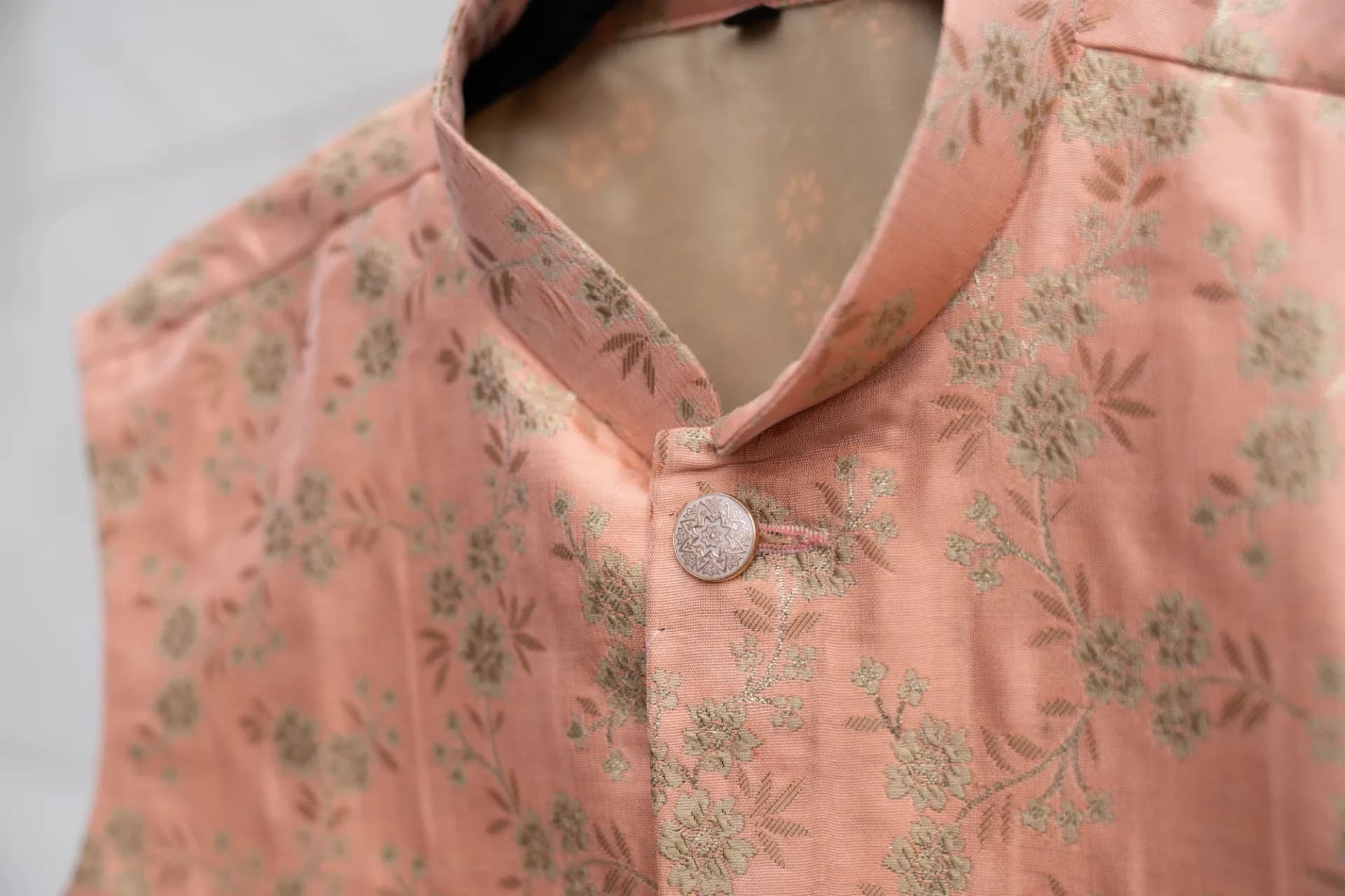 Pink Nehru Jacket (Vest) with Floral Embroidery & Pocket Details
