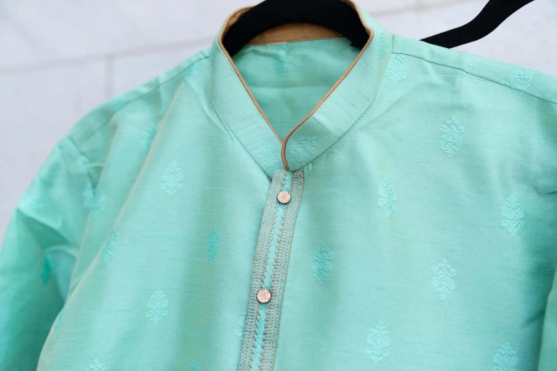 Metallic Mint-Green Kurta Set with Gold Details
