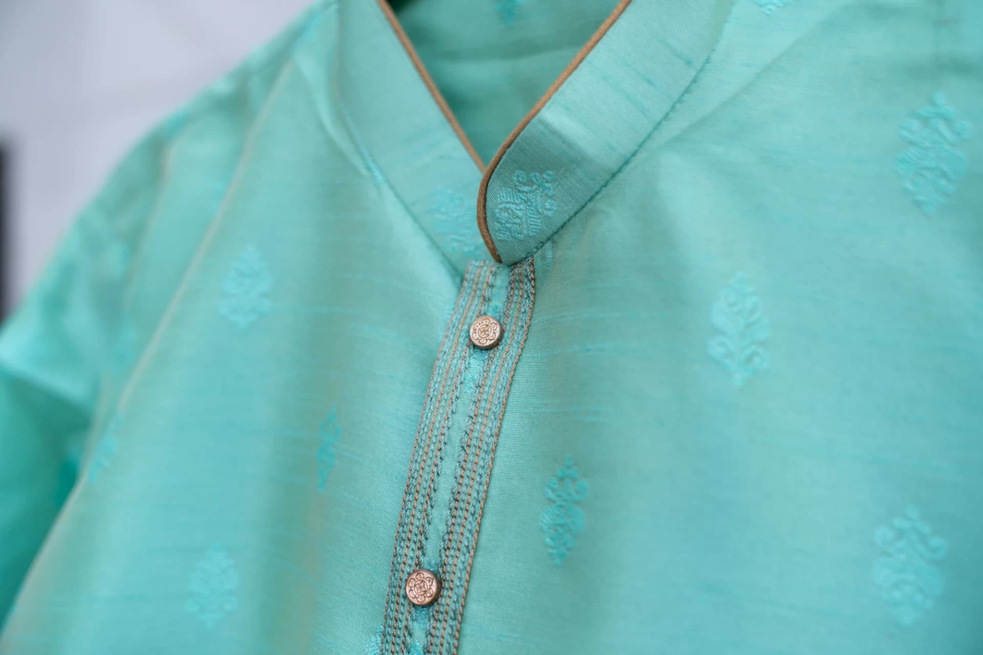 Metallic Mint-Green Kurta Set with Gold Details