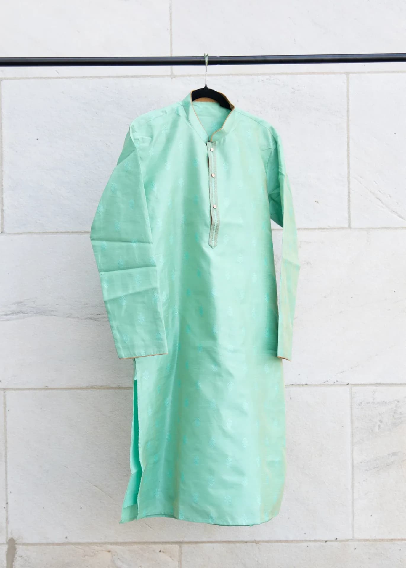 Metallic Mint-Green Kurta Set with Gold Details