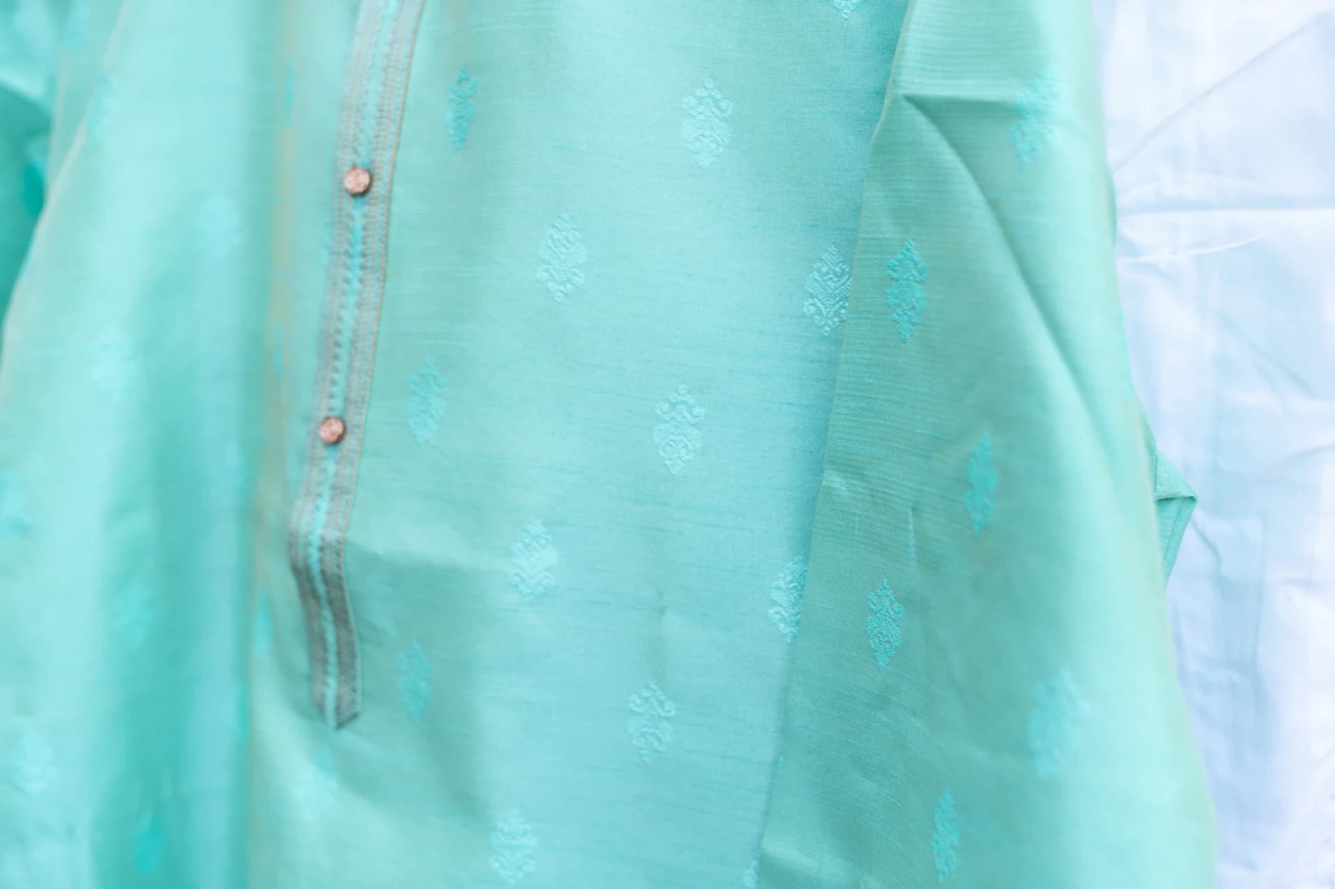 Metallic Mint-Green Kurta Set with Gold Details