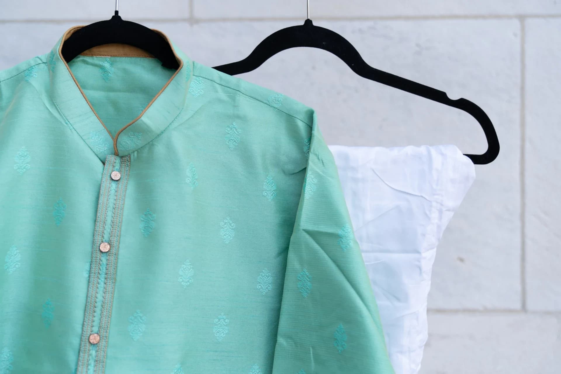Metallic Mint-Green Kurta Set with Gold Details