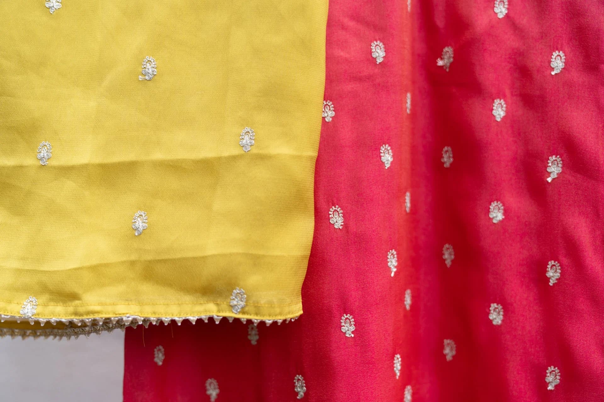 Tomato Pink Salwar Set with Silver Thread Embroidery