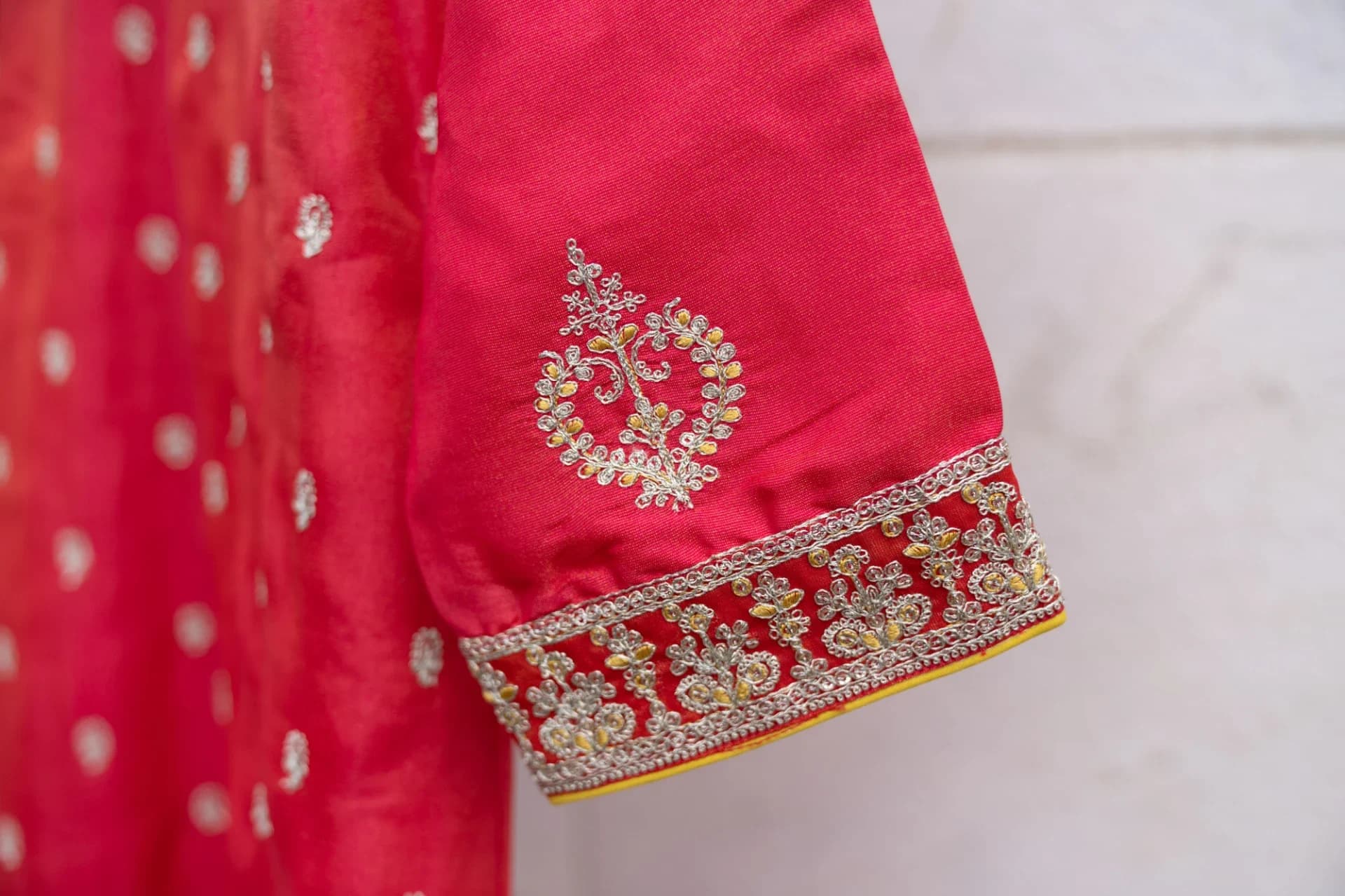 Tomato Pink Salwar Set with Silver Thread Embroidery