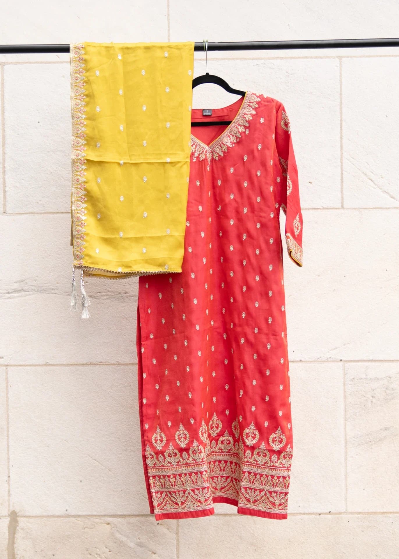 Tomato Pink Salwar Set with Silver Thread Embroidery