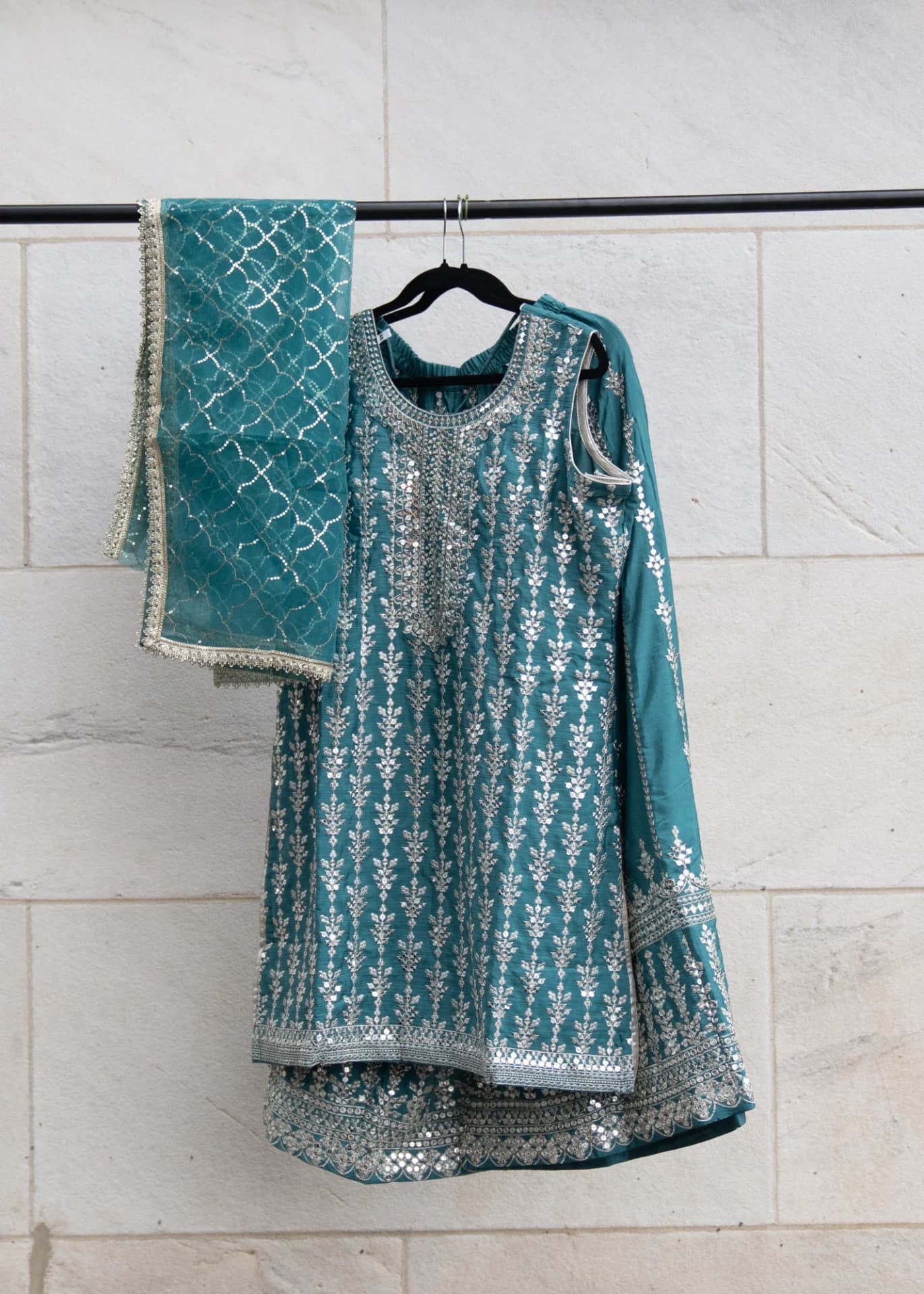 Robin's Egg Blue Sharara Set with Silver Sequin Embroidery
