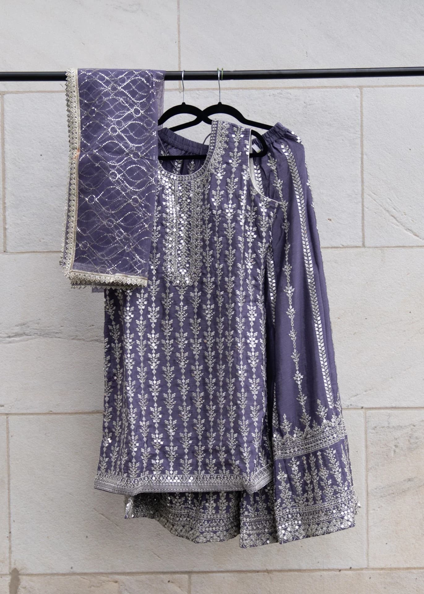 Lilac Sharara Set with Silver Sequin Embroidery
