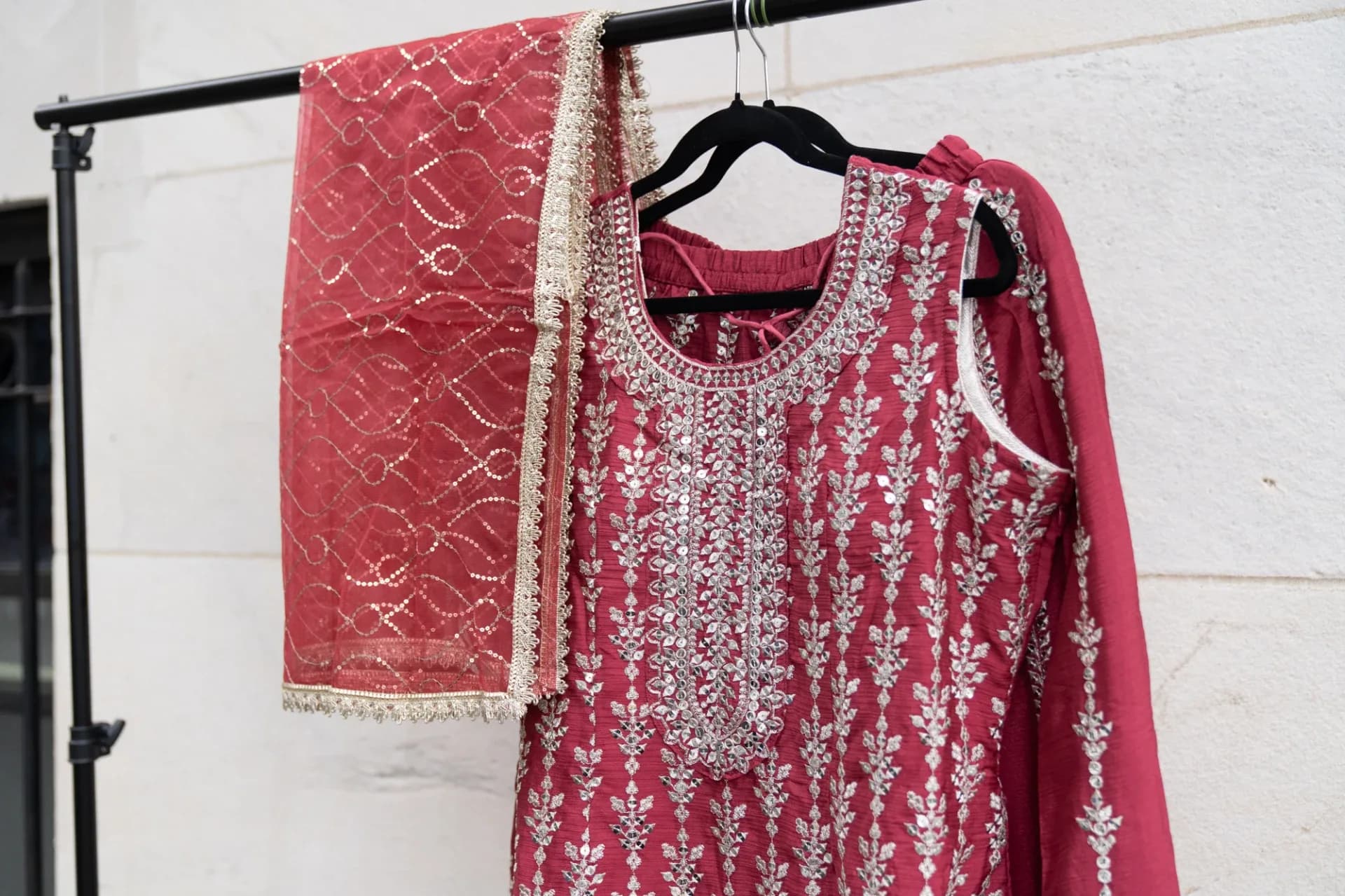 Rust Red Sharara Set with Silver Sequin Embroidery