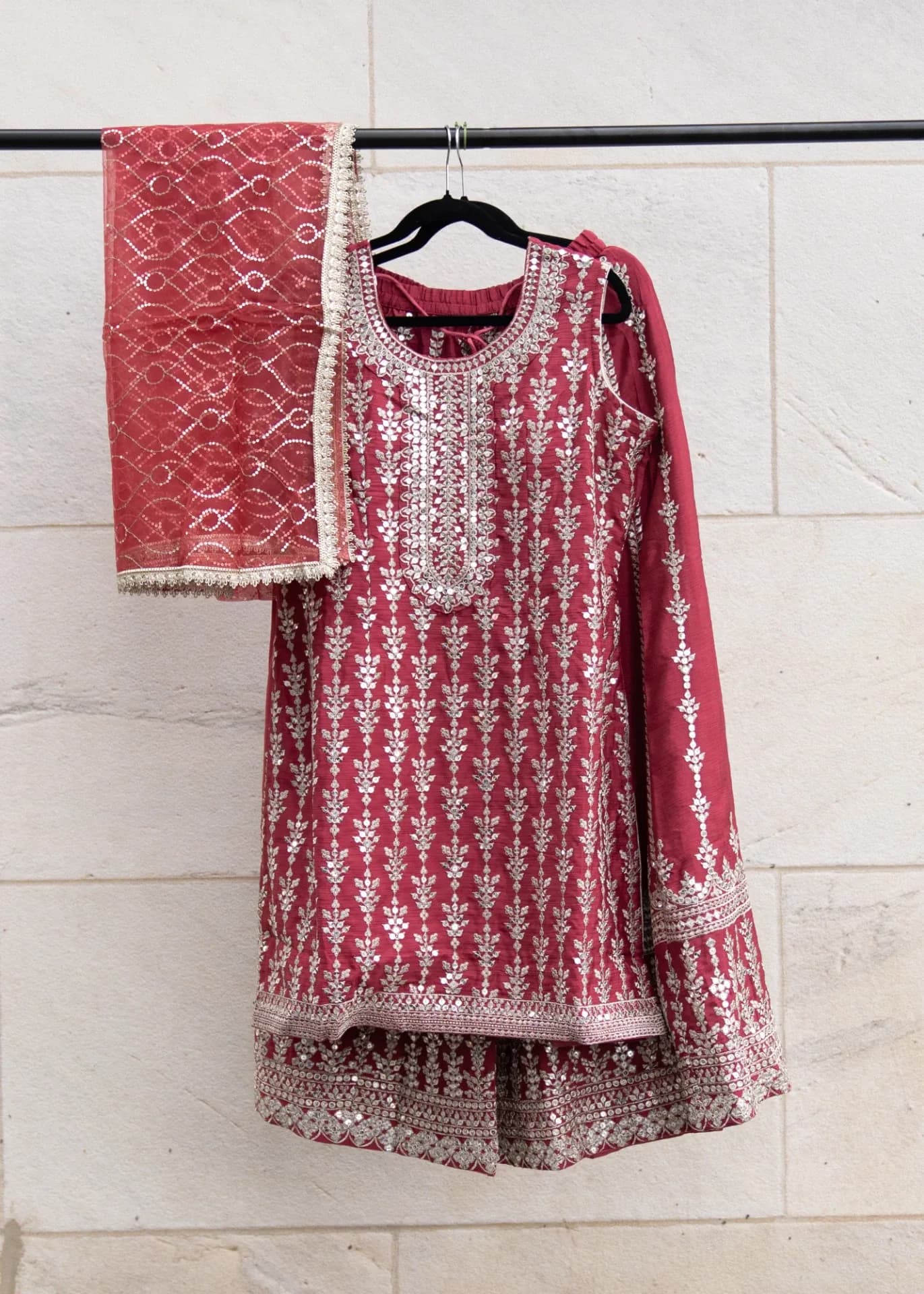 Rust Red Sharara Set with Silver Sequin Embroidery