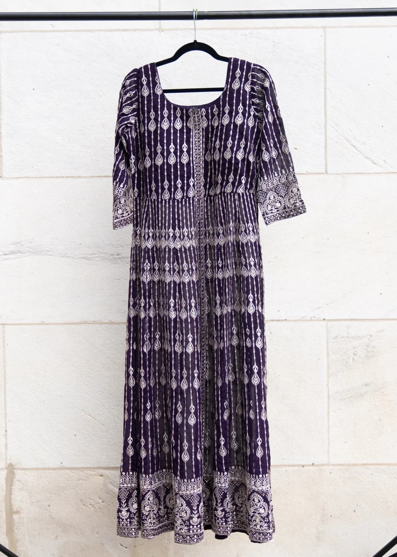 Eggplant Purple Anarkali Set with Silver Thread Embroidery