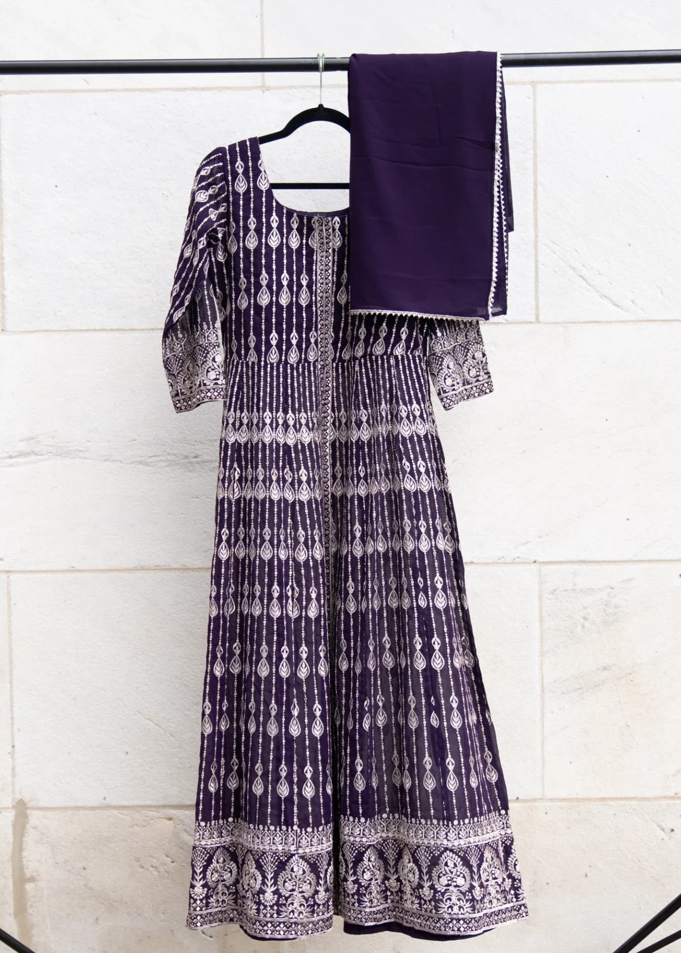 Eggplant Purple Anarkali Set with Silver Thread Embroidery