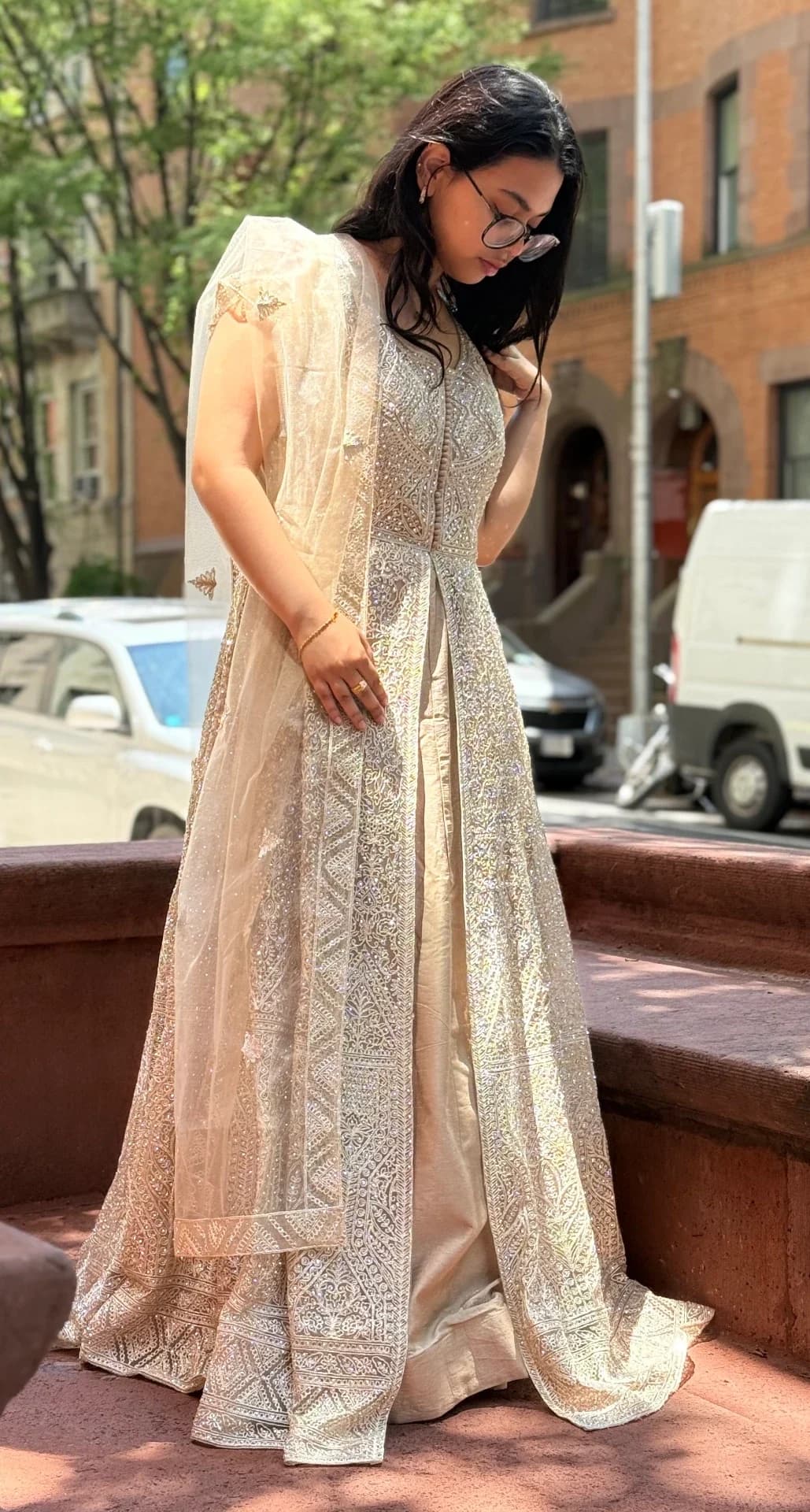 Light Gold Lehenga Set with Stone Embellishments & White Embroidery
