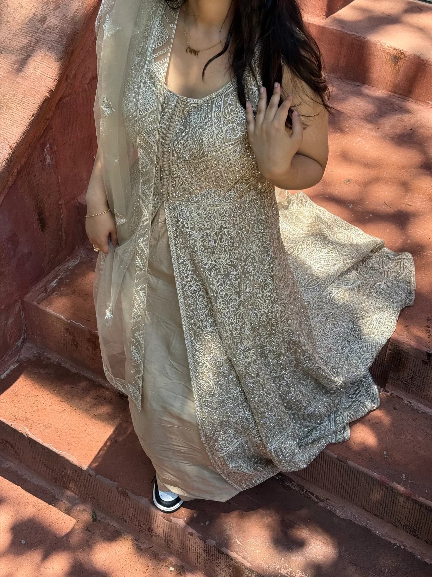 Light Gold Lehenga Set with Stone Embellishments & White Embroidery