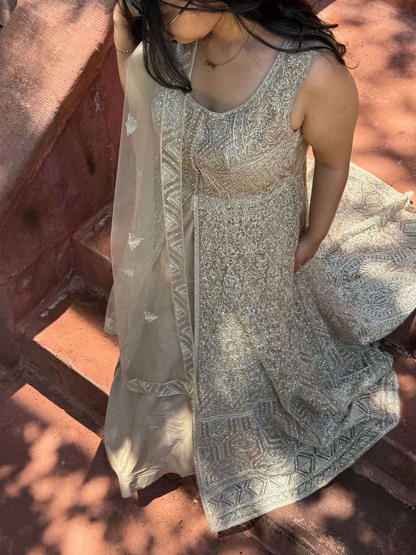 Light Gold Lehenga Set with Stone Embellishments & White Embroidery