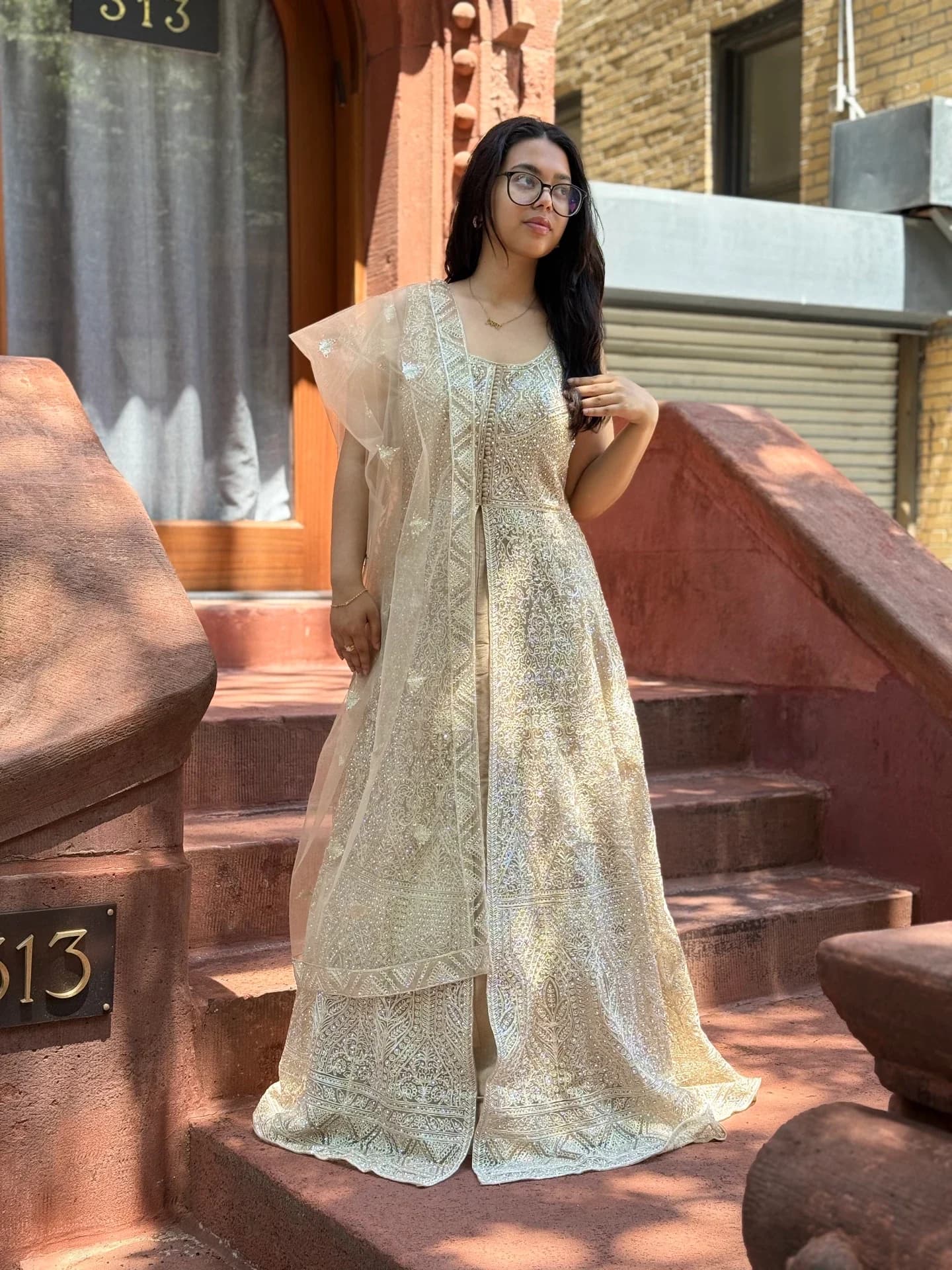 Light Gold Lehenga Set with Stone Embellishments & White Embroidery