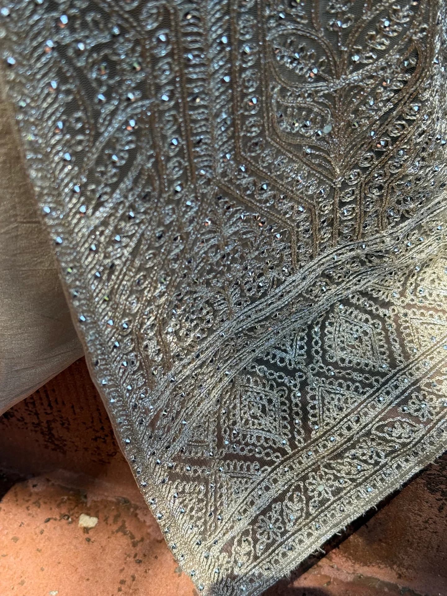 Light Gold Lehenga Set with Stone Embellishments & White Embroidery