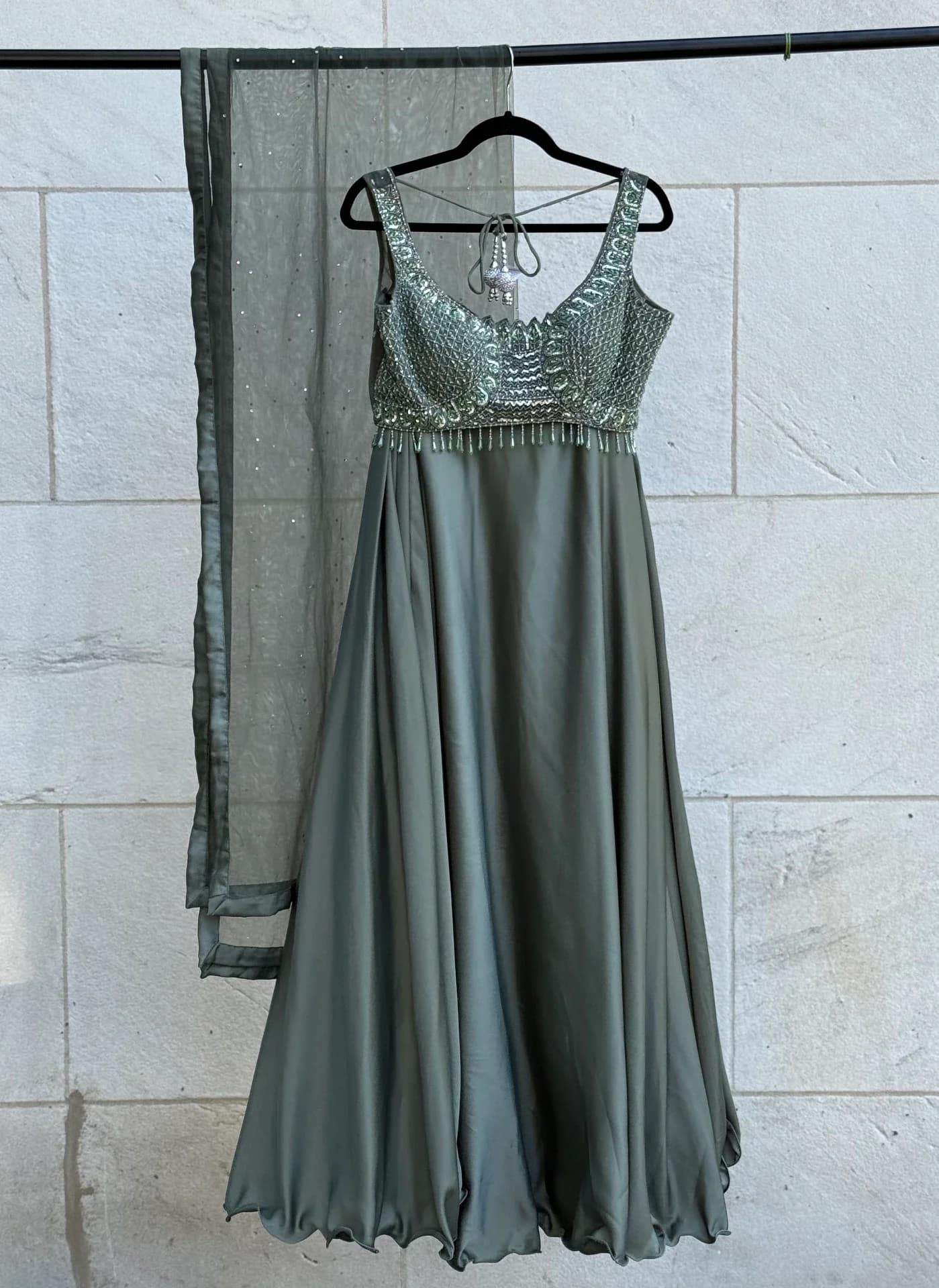 Sage Green Lehenga Set with Beadwork & Satin Skirt