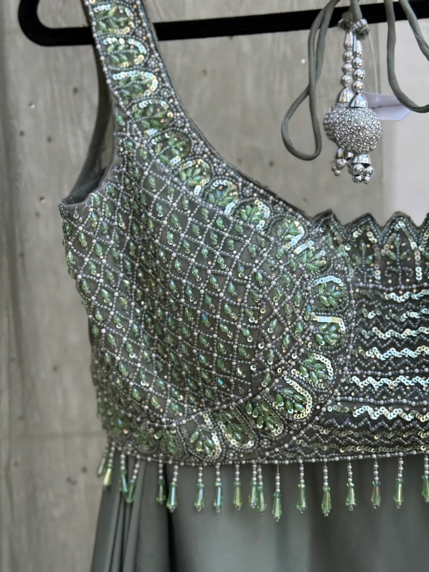 Sage Green Lehenga Set with Beadwork & Satin Skirt