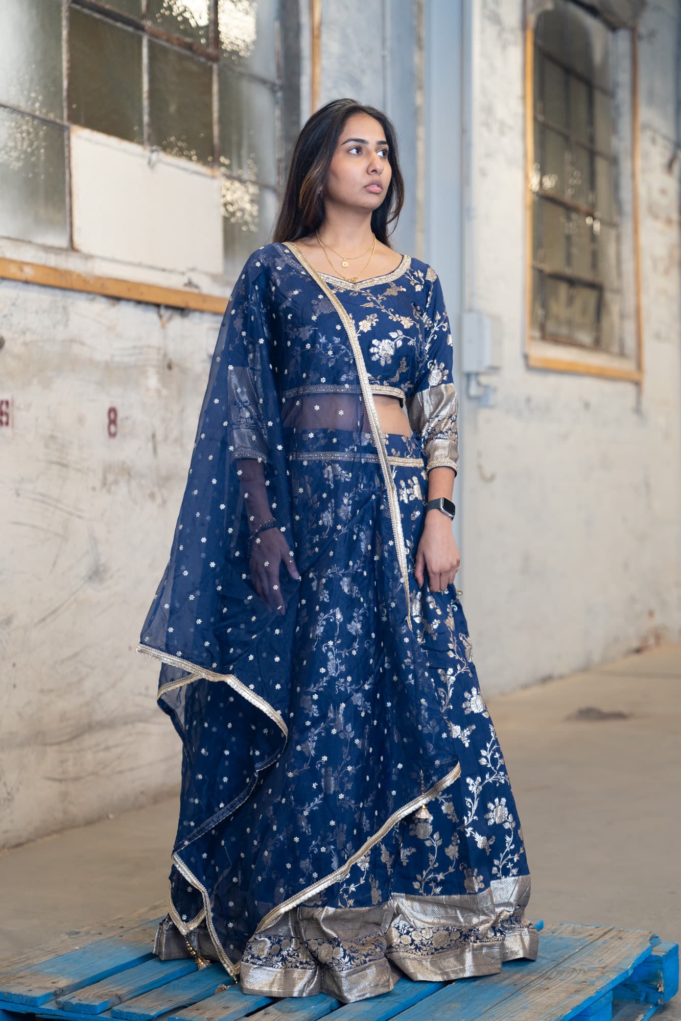 Midnight Blue Lehenga with Gold Floral Motifs
