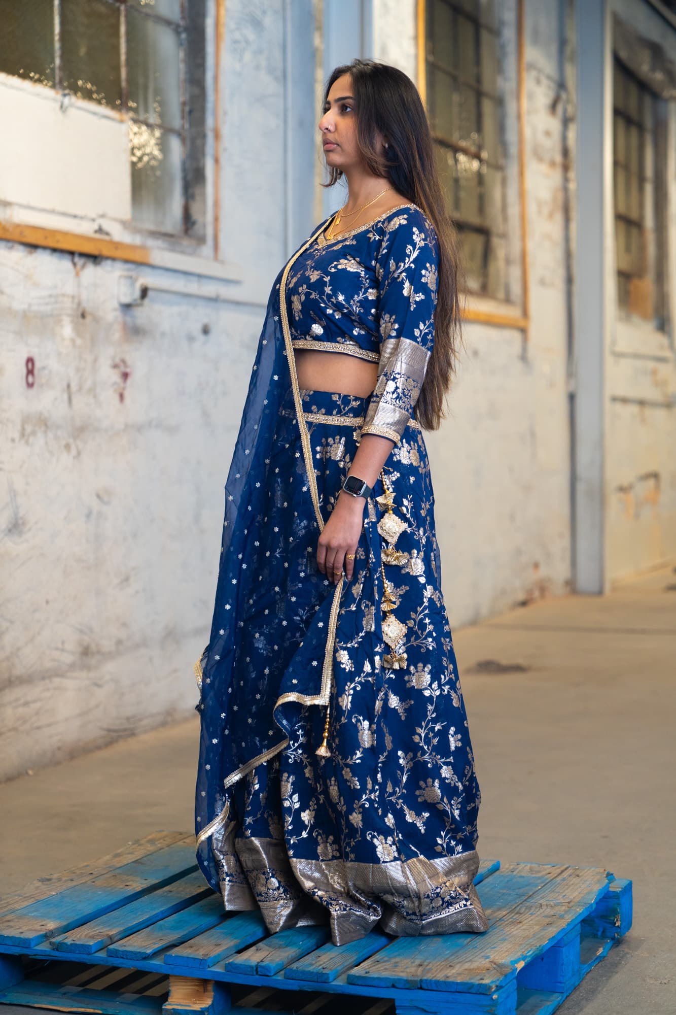 Midnight Blue Lehenga with Gold Floral Motifs
