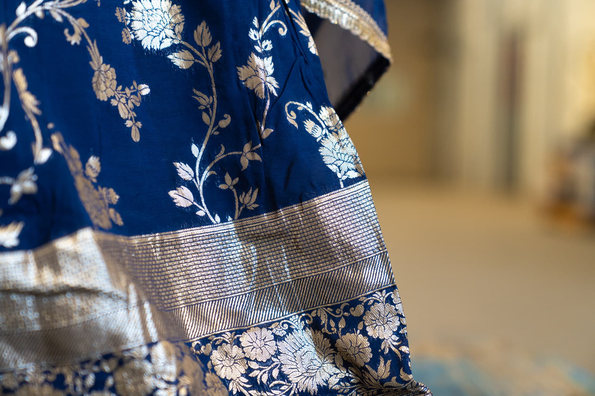 Midnight Blue Lehenga with Gold Floral Motifs