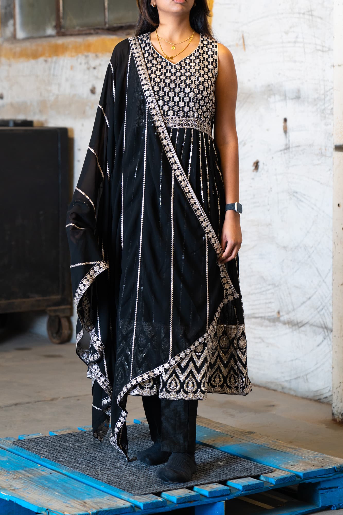 Black Georgette Anarkali with Mirror Work