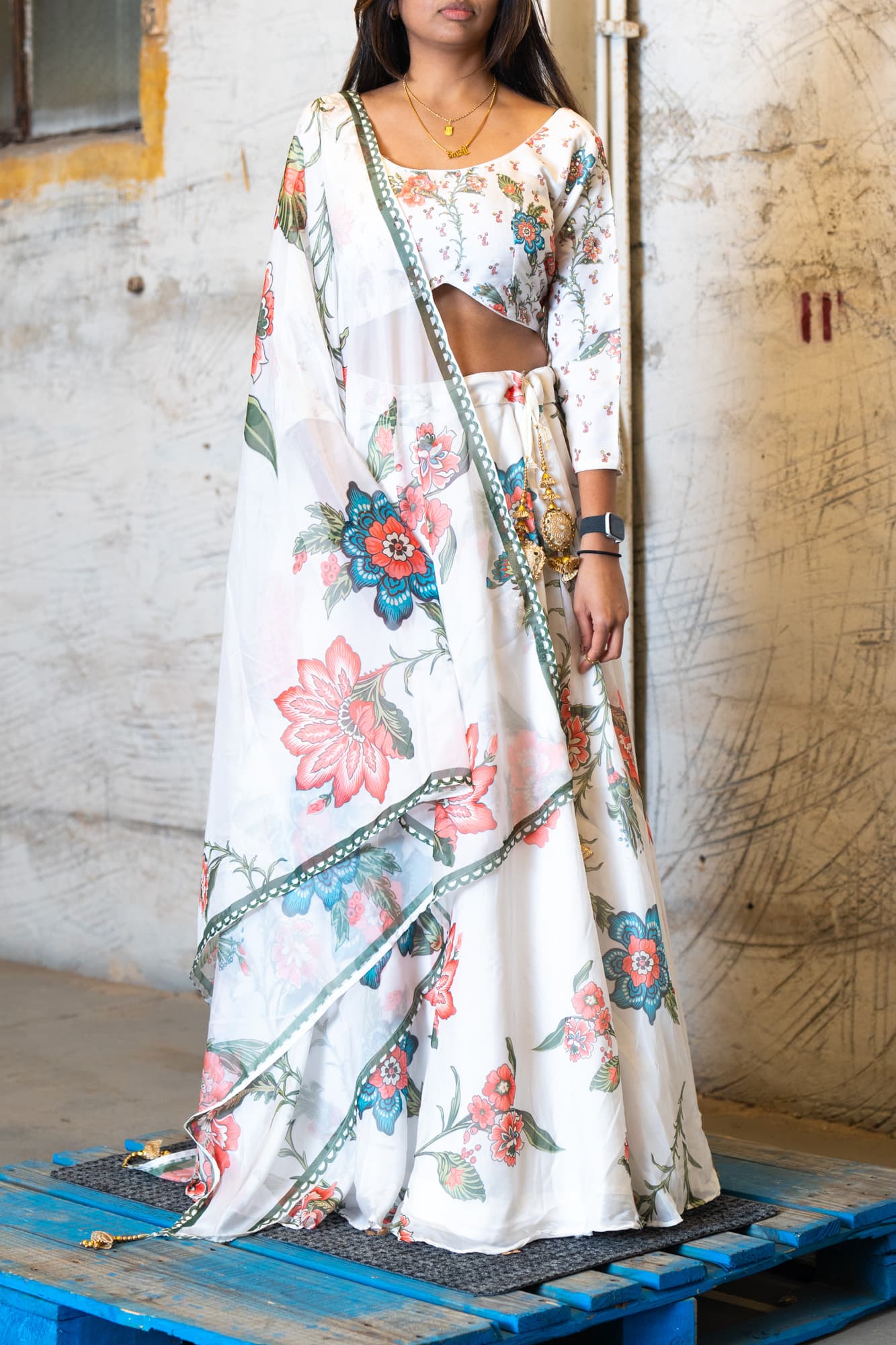 White Lehenga with Pink & Blue Florals