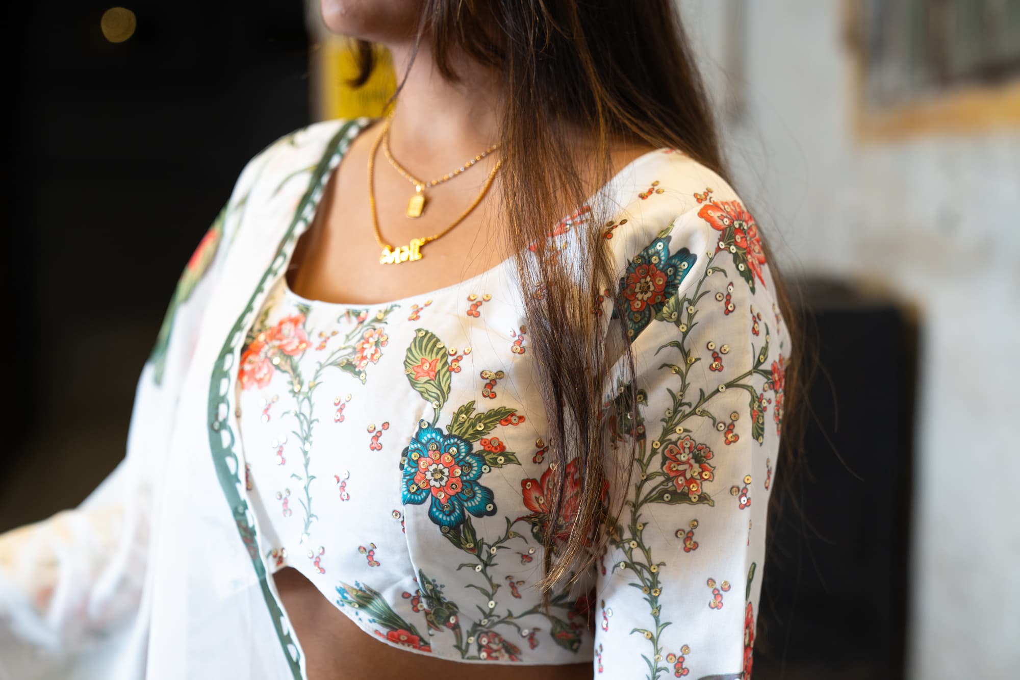 White Lehenga with Pink & Blue Florals