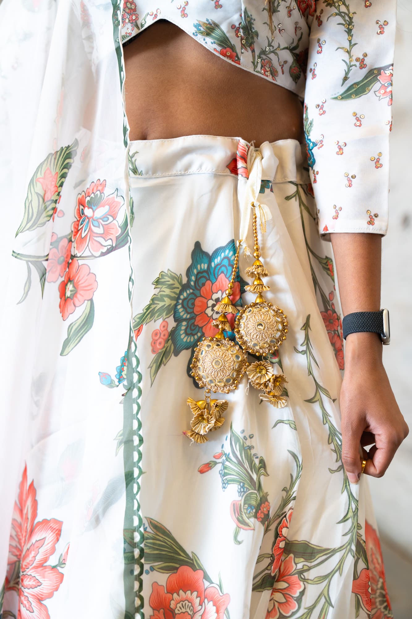White Lehenga with Pink & Blue Florals