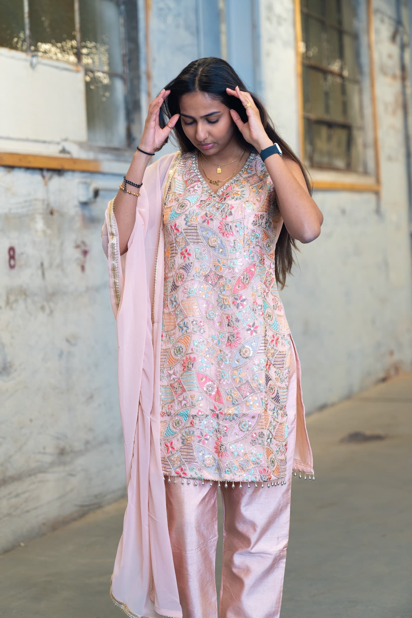 Pink Georgette Kurta Set with Floral Embroidery