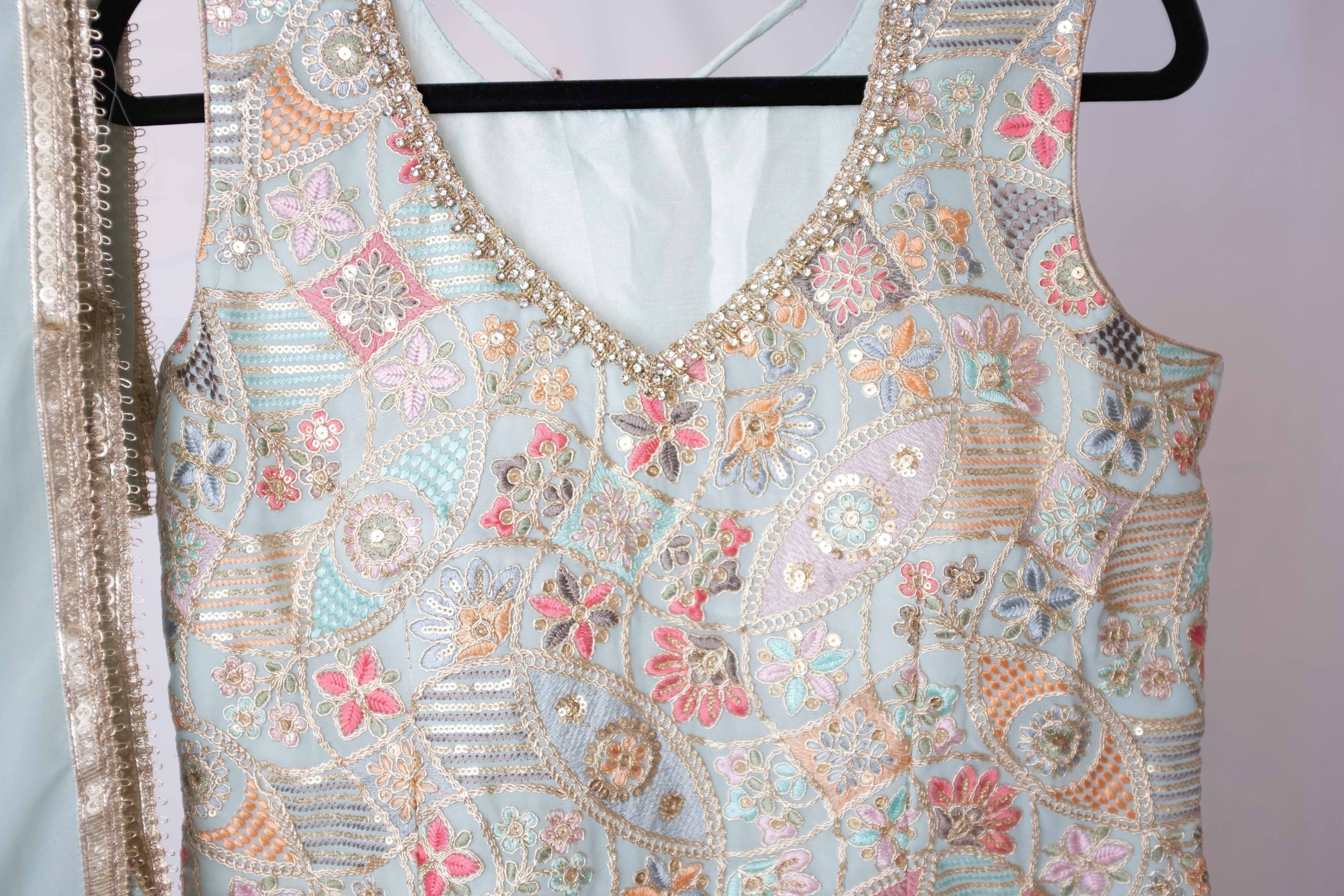 Baby Blue Georgette Kurta Set with Floral Embroidery