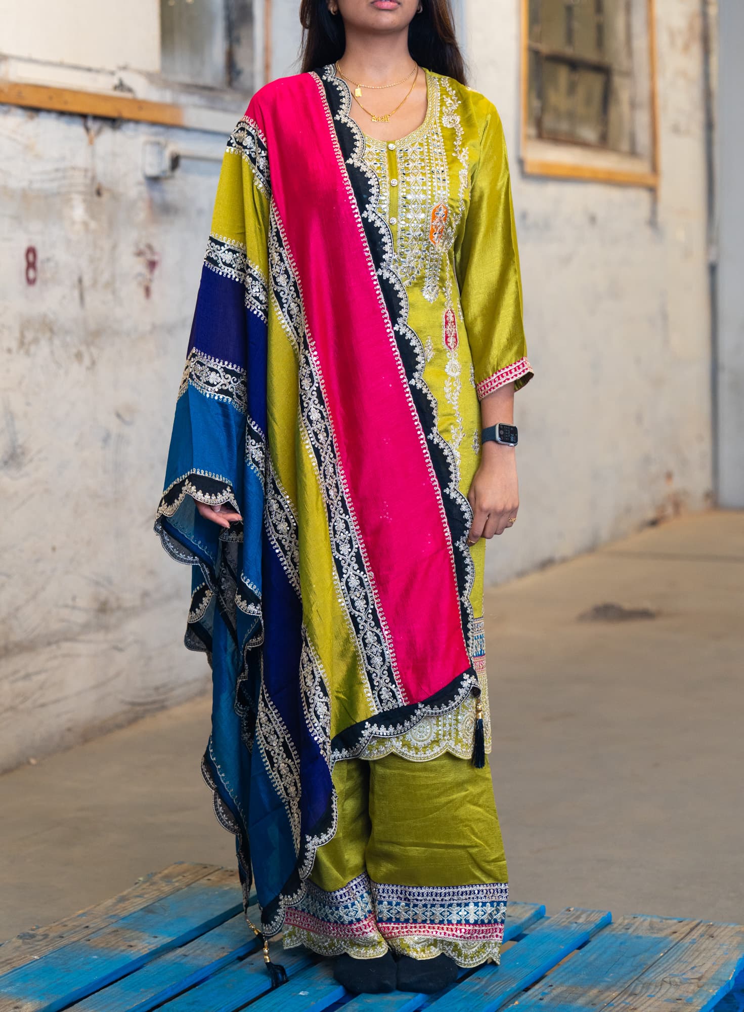 Mehendi Green Chanderi Salwar with Embroidery & Mirror Work