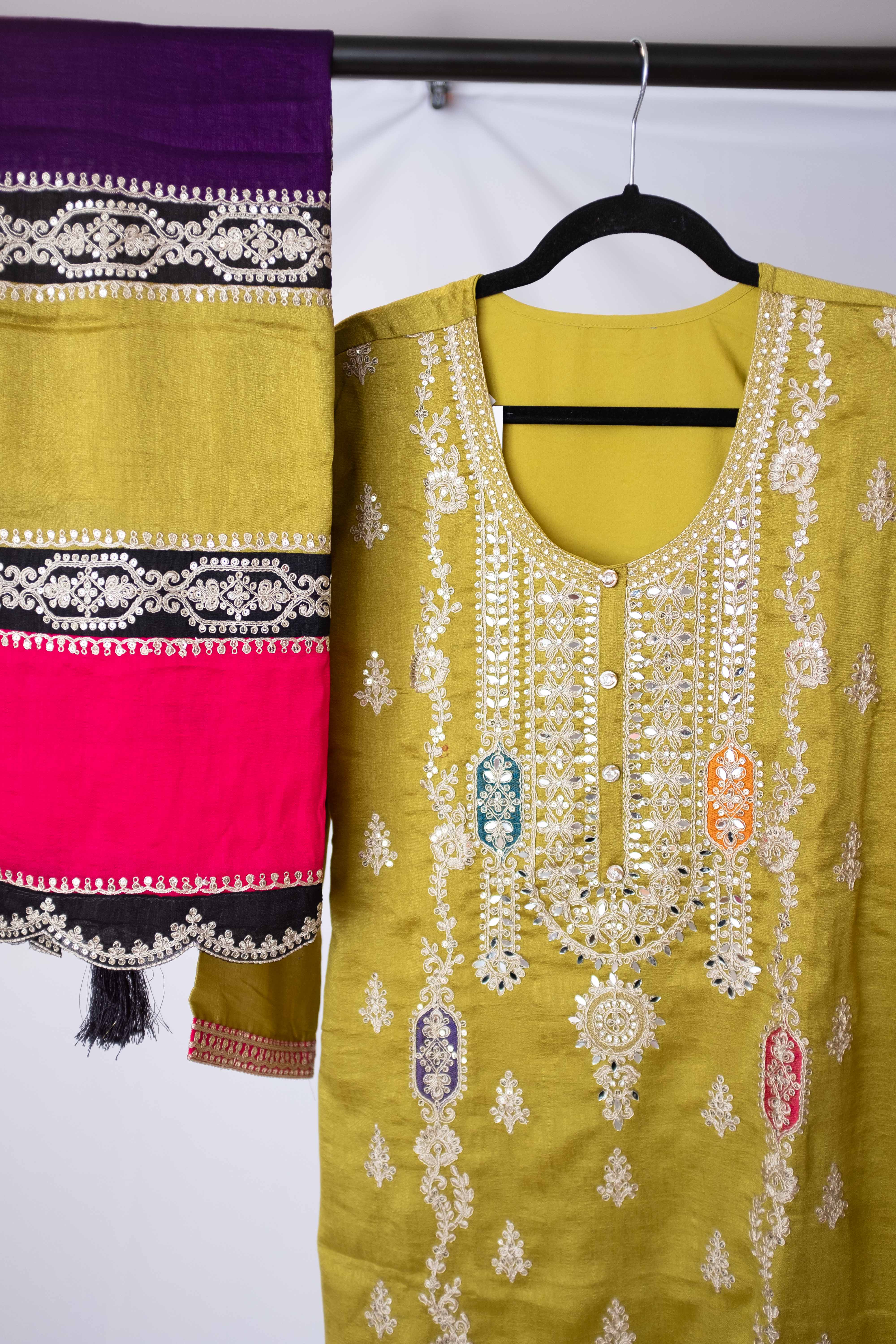 Mehendi Green Chanderi Salwar with Embroidery & Mirror Work